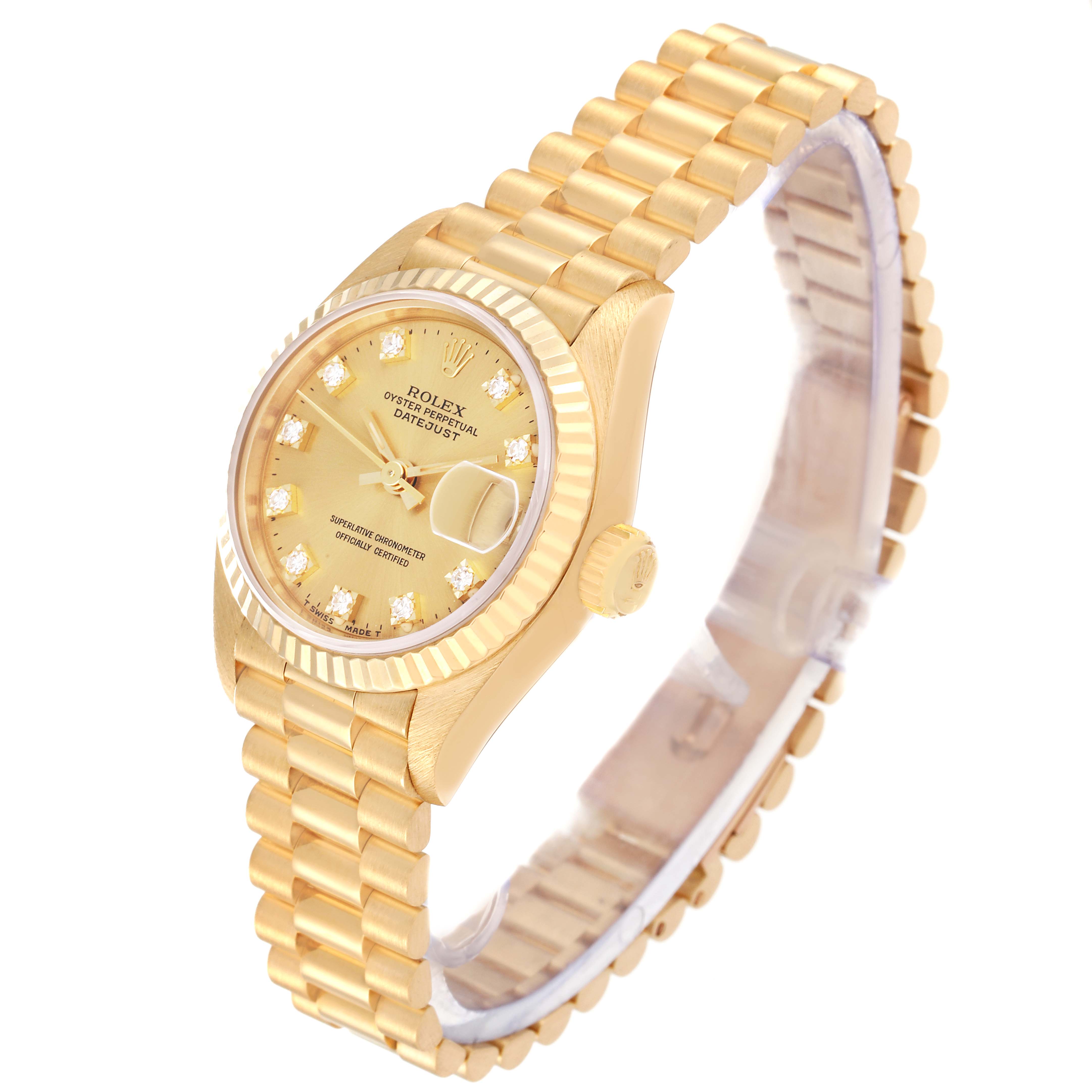The Rolex President 69178 Women's Yellow Gold Champagne Dial 69178 Women's Yellow Gold Champagne Dial model watch is shown at an angle from the top-right, highlighting its face, bezel, crown, and bracelet.