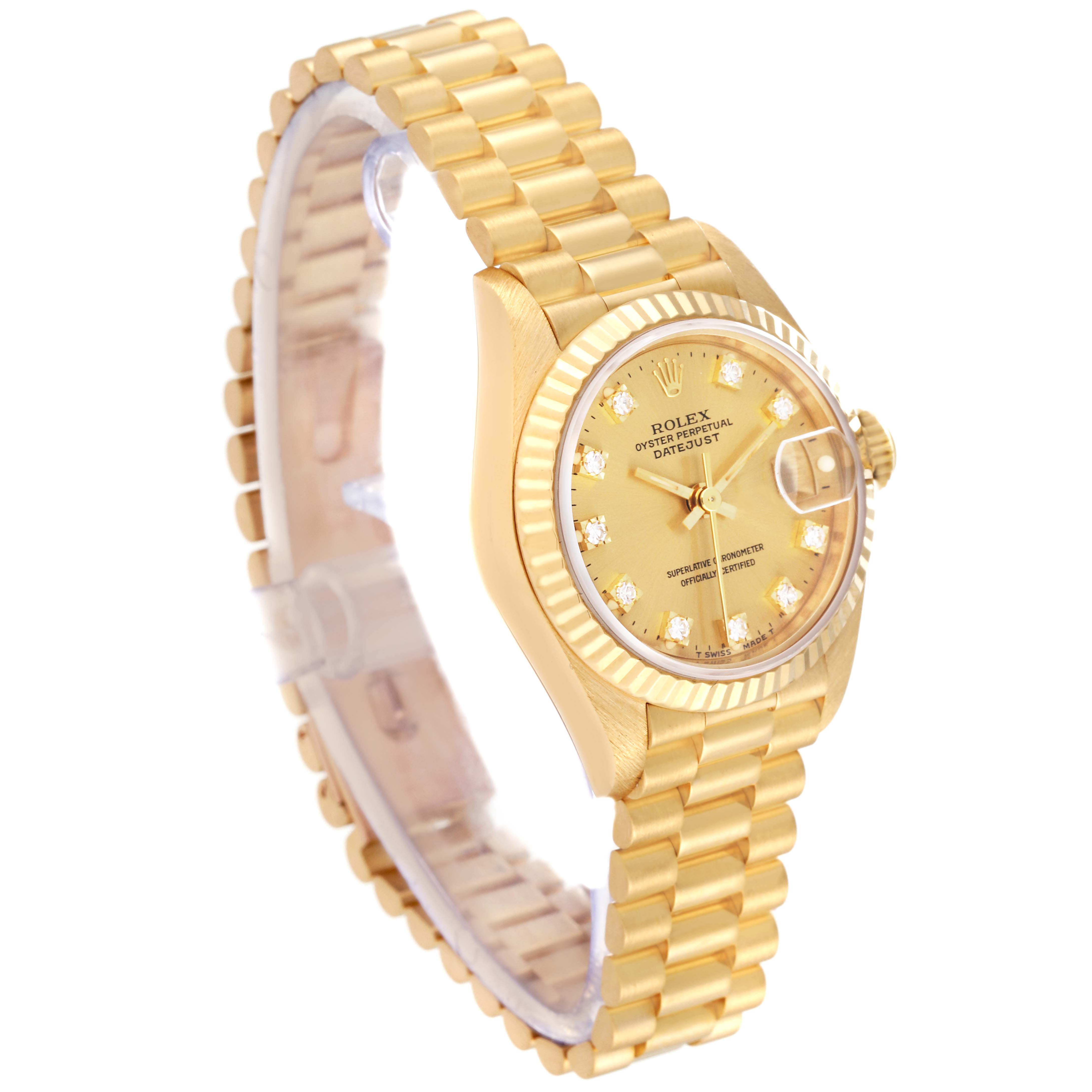 This image shows a President model Rolex watch from a front-right angle, highlighting the bracelet, bezel, and dial.