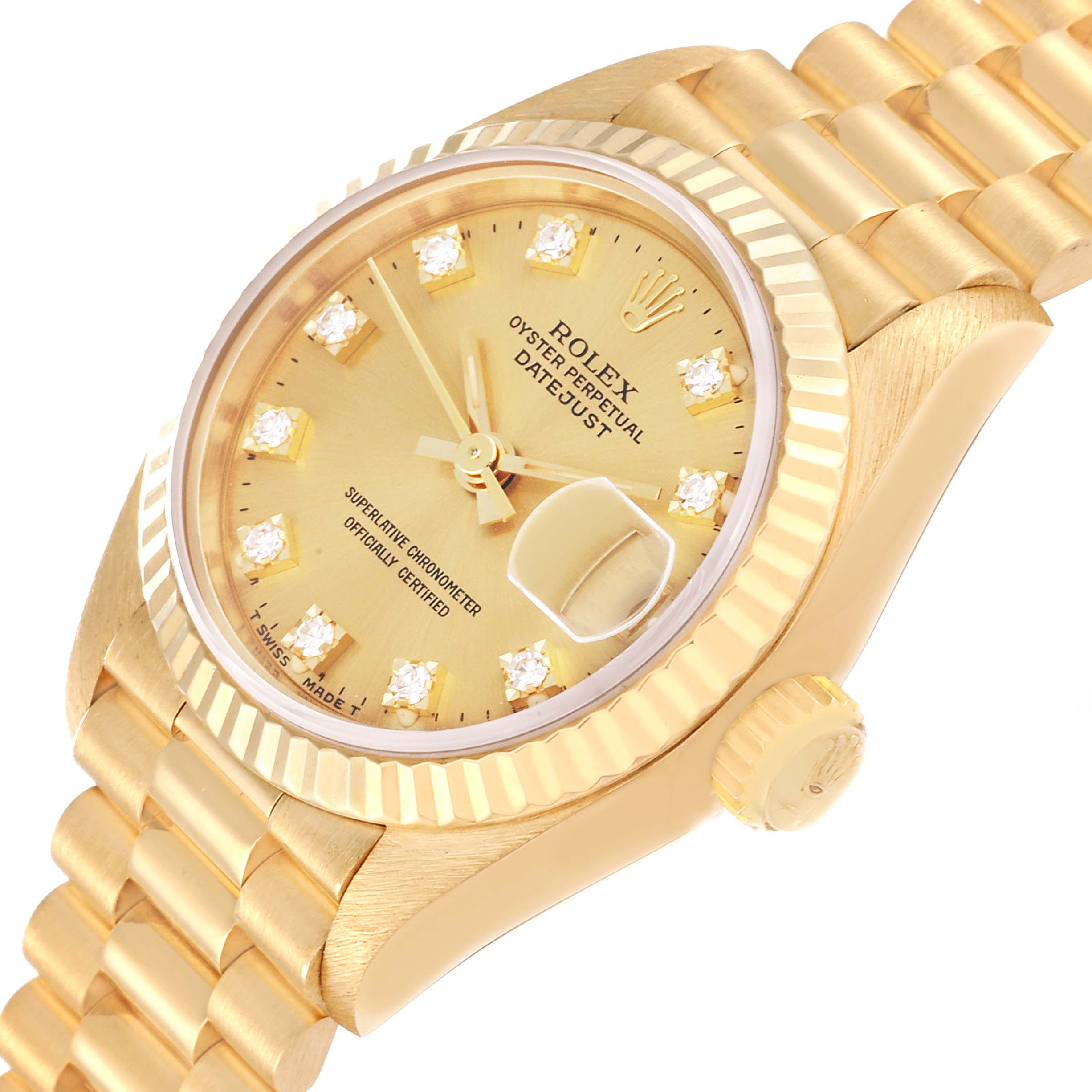 The image shows a Rolex President 69178 Women's Yellow Gold Champagne Dial 69178 Women's Yellow Gold Champagne Dial model's dial and bracelet at a three-quarter angle, highlighting its gold finish and diamond markers.