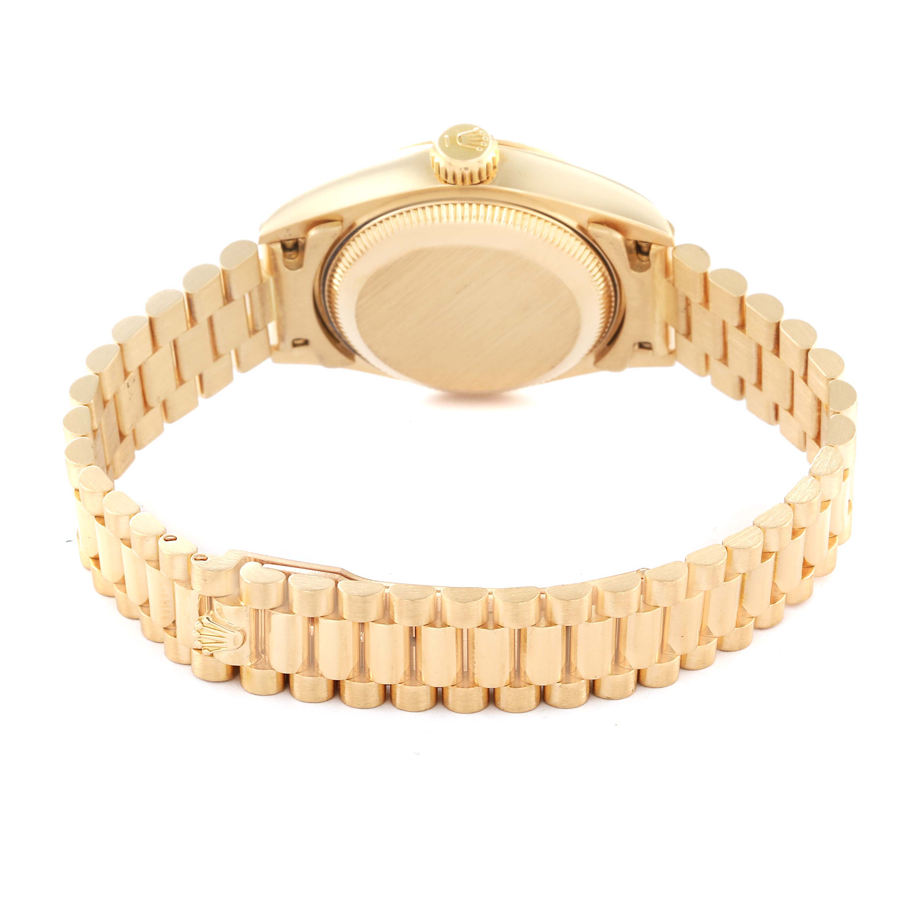 This image shows the back and bracelet of a gold Rolex President 69178 Women's Yellow Gold Champagne Dial 69178 Women's Yellow Gold Champagne Dial model watch.
