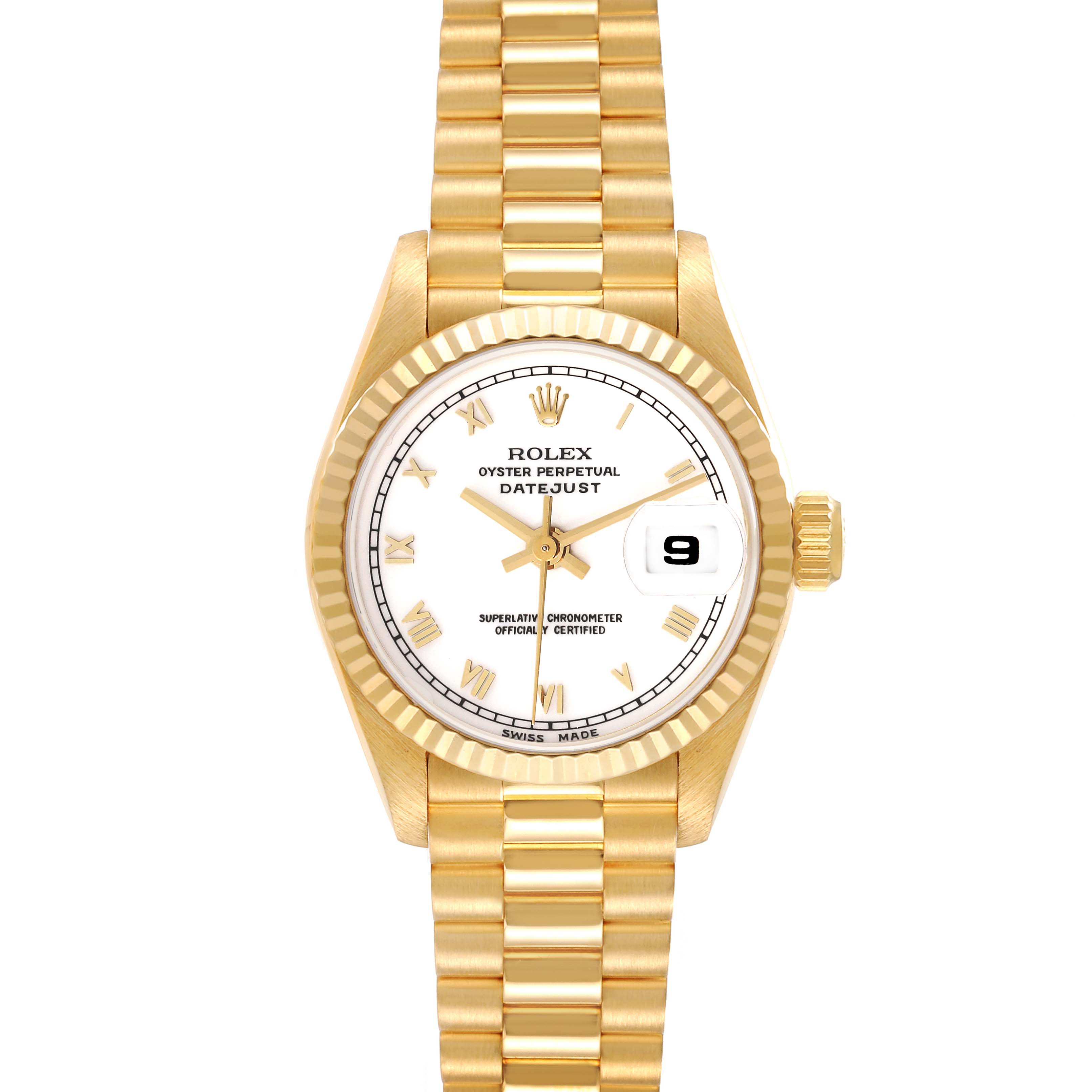 The image shows a frontal view of a Rolex President 69178 Women's Yellow Gold White Dial 69178 Women's Yellow Gold White Dial model watch with a gold case, bracelet, and a white dial with Roman numerals.