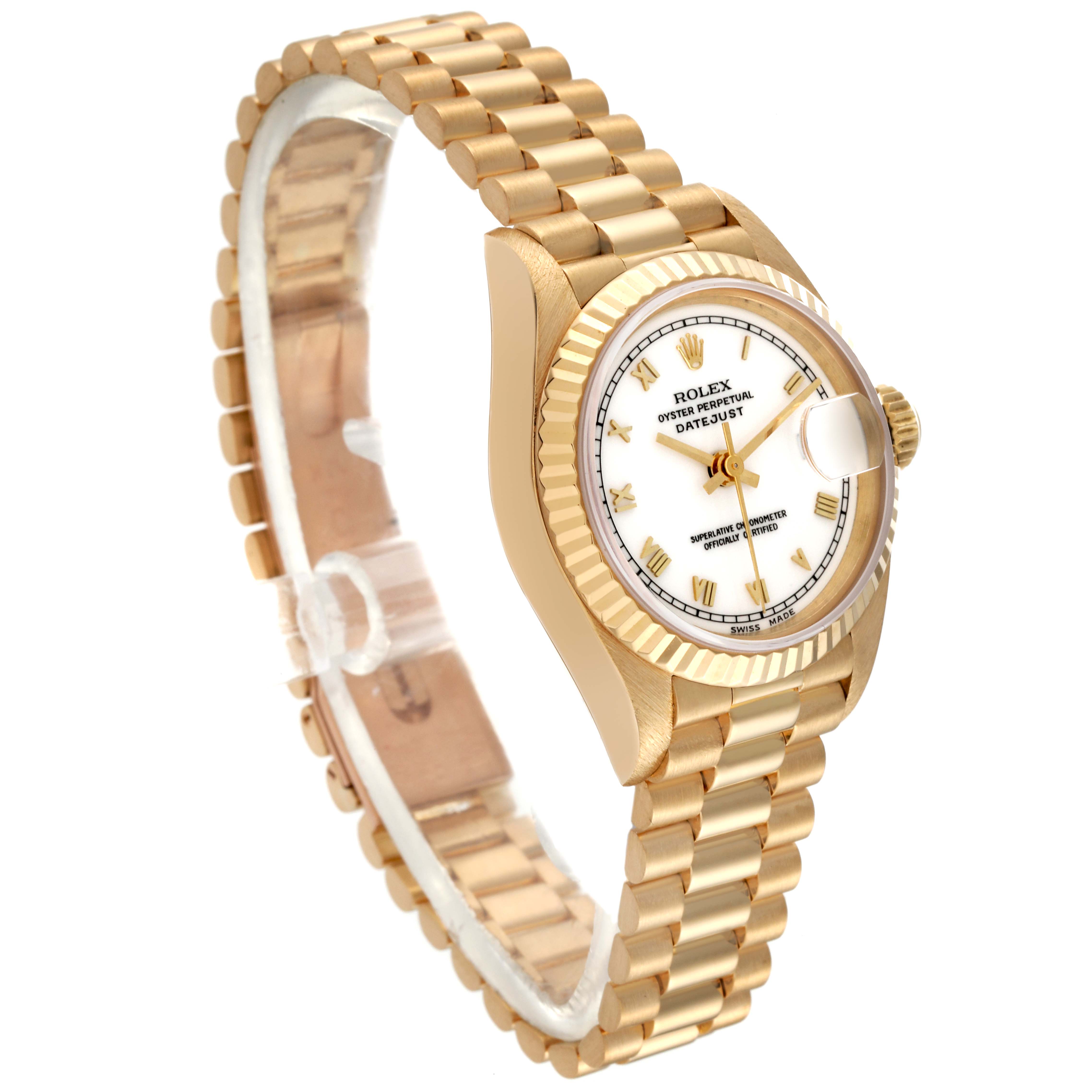 The Rolex President 69178 Women's Yellow Gold White Dial 69178 Women's Yellow Gold White Dial model watch is shown at a slight angle, displaying its bracelet, case, crown, and dial.