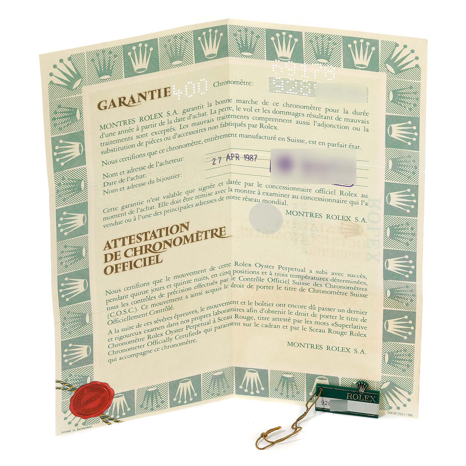 The image shows a Rolex warranty certificate for the President model, including its official documentation and tag.