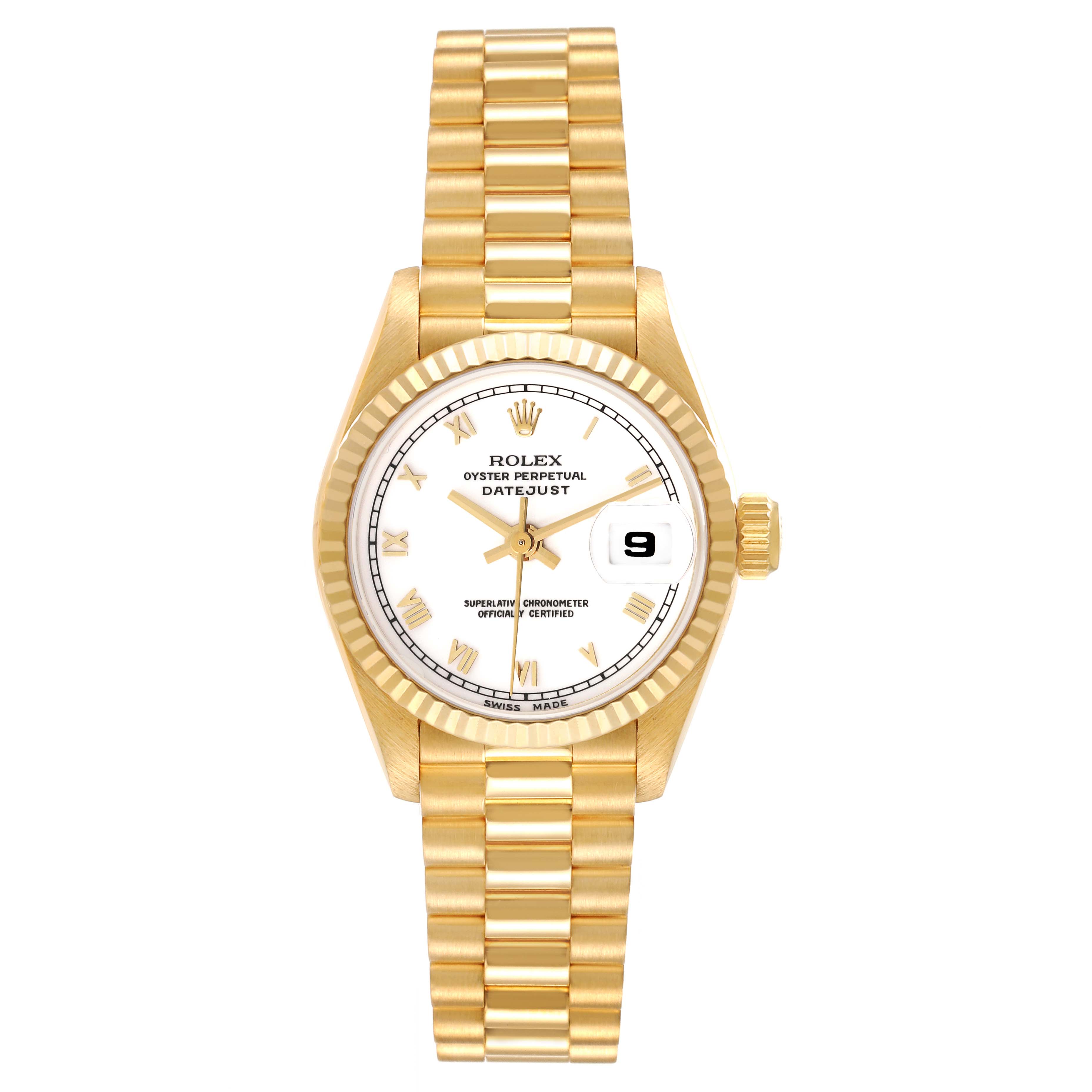 This image shows a frontal view of a Rolex President 69178 Women's Yellow Gold White Dial 69178 Women's Yellow Gold White Dial Datejust model watch with a gold bracelet and bezel.