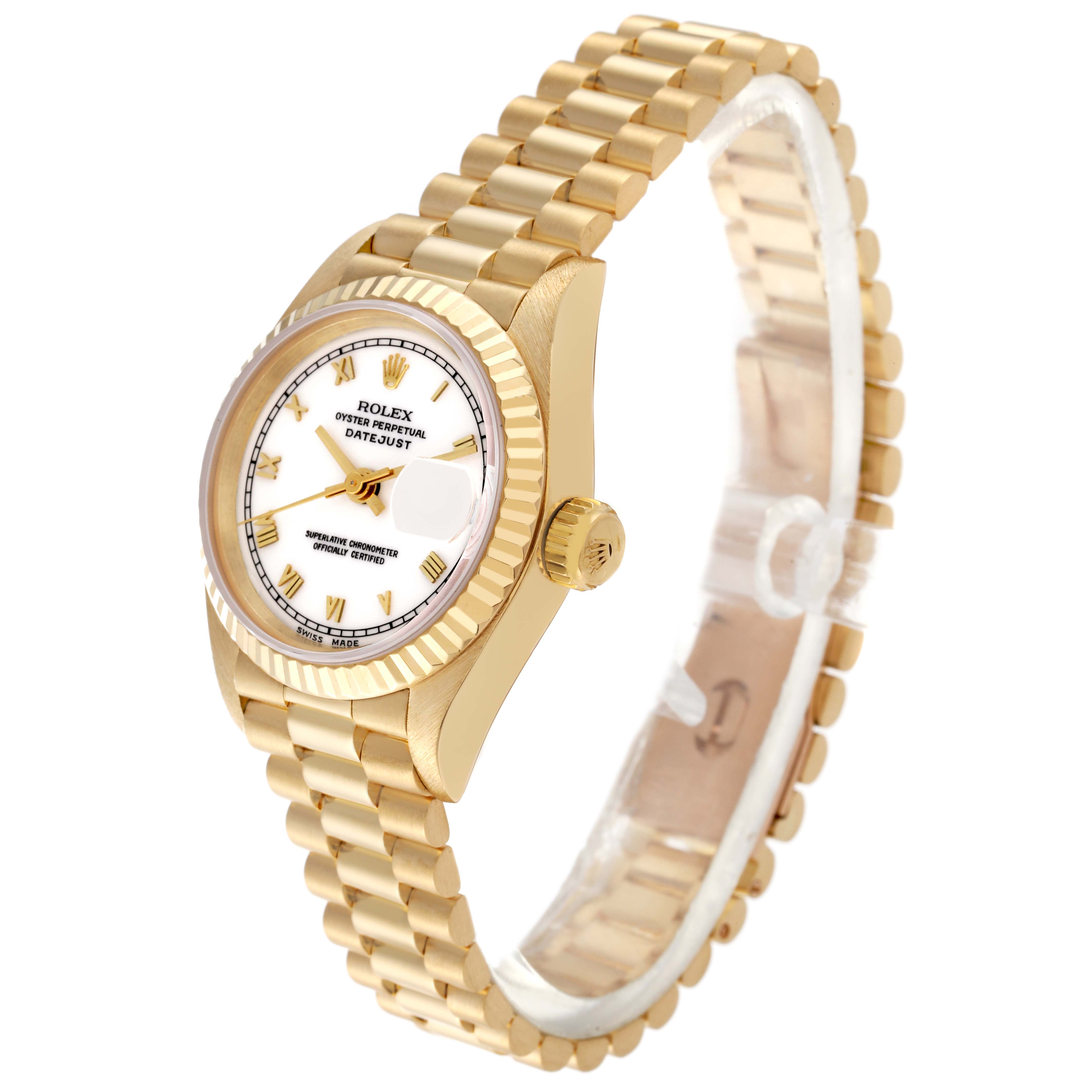 This image shows a Rolex President 69178 Women's Yellow Gold White Dial 69178 Women's Yellow Gold White Dial model watch from an angled view, featuring its white dial, gold case, fluted bezel, and bracelet.