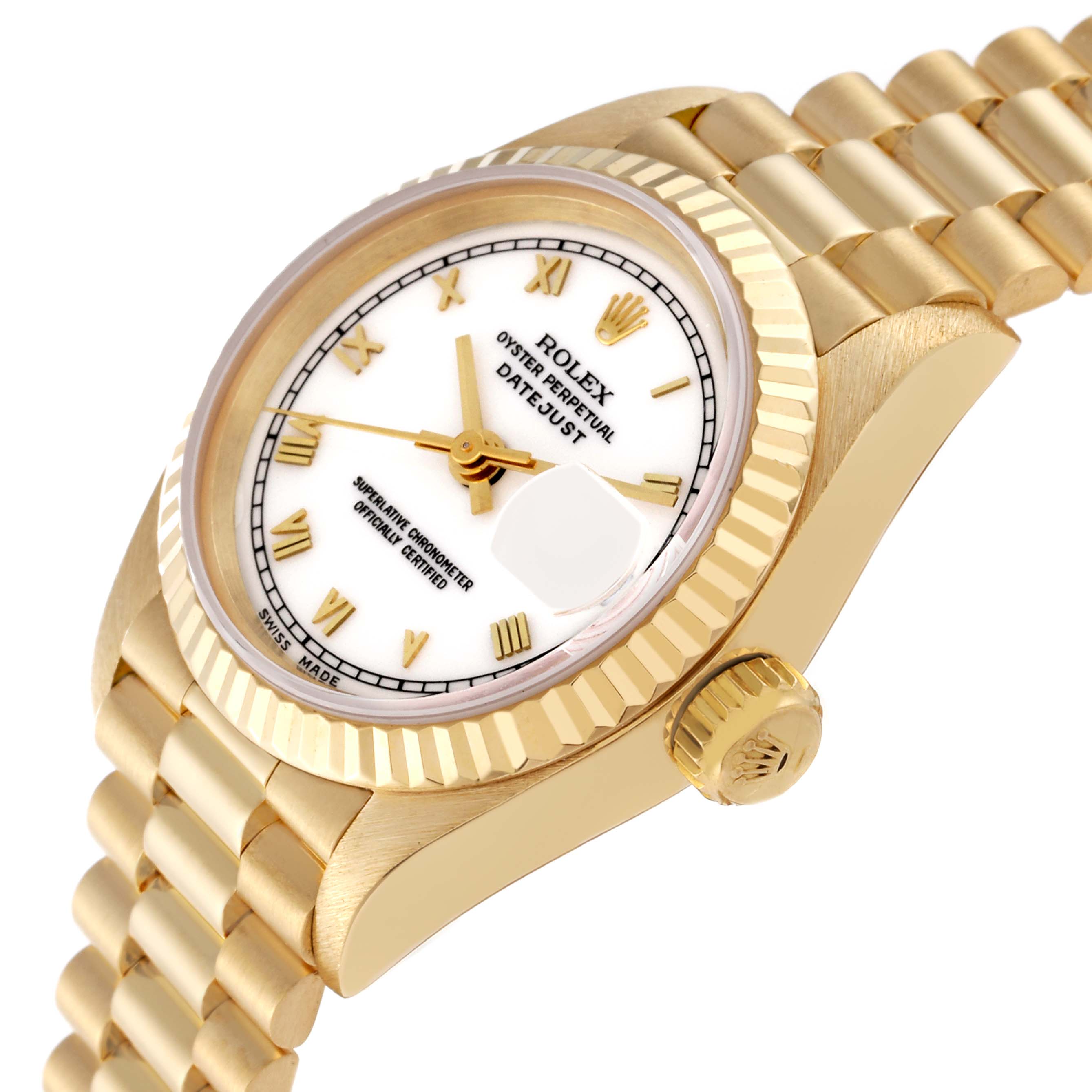 The Rolex President 69178 Women's Yellow Gold White Dial 69178 Women's Yellow Gold White Dial model is displayed at a slight angle, showing the watch face, crown, bezel, and part of the bracelet.