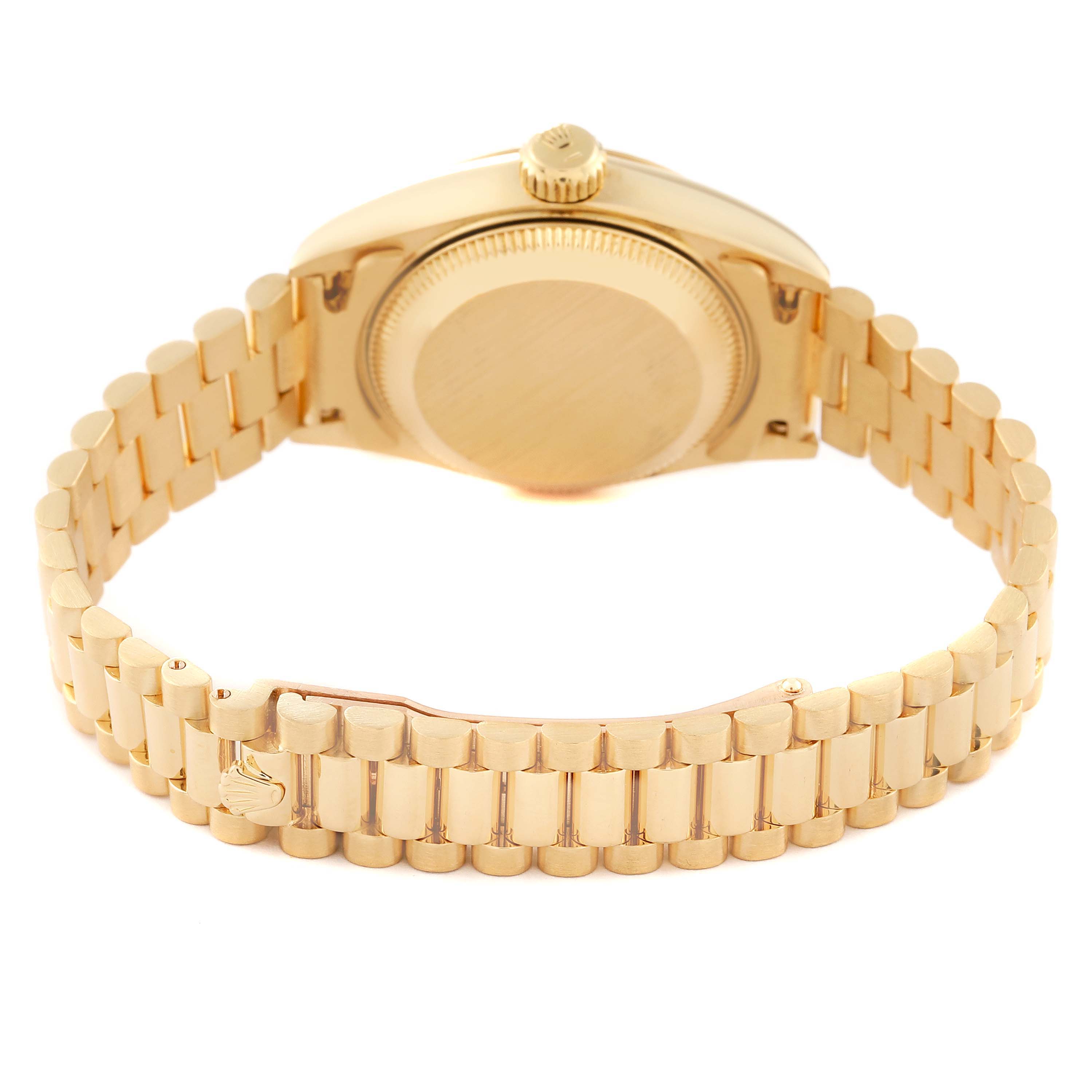 The image shows the back case and bracelet of a Rolex President 69178 Women's Yellow Gold White Dial 69178 Women's Yellow Gold White Dial model watch viewed from the rear.
