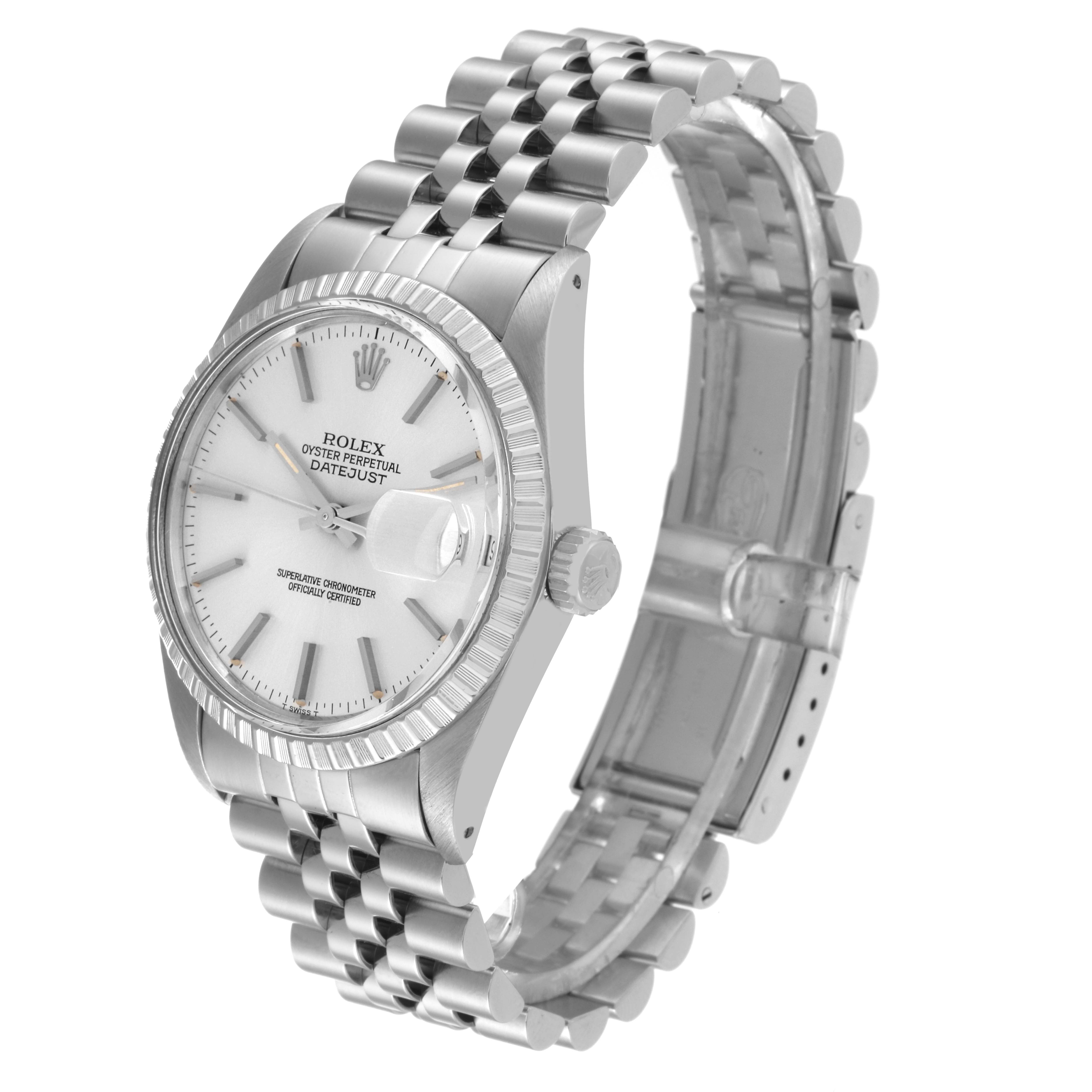 The Rolex Vintage Collection 16030 Men's Stainless Steel Silver Dial 16030 Men's Stainless Steel Silver Dial Datejust watch is shown at a three-quarter angle, revealing the dial, bezel, bracelet, and crown.