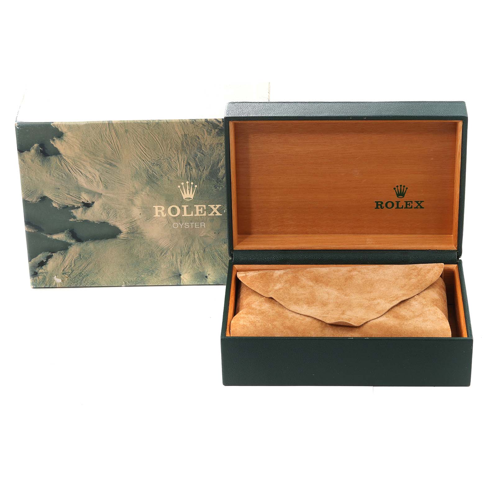 The image shows a Rolex Vintage Collection 16030 Men's Stainless Steel Silver Dial 16030 Men's Stainless Steel Silver Dial watch box, with an outer box and an inner wooden-lined box containing a suede pouch.
