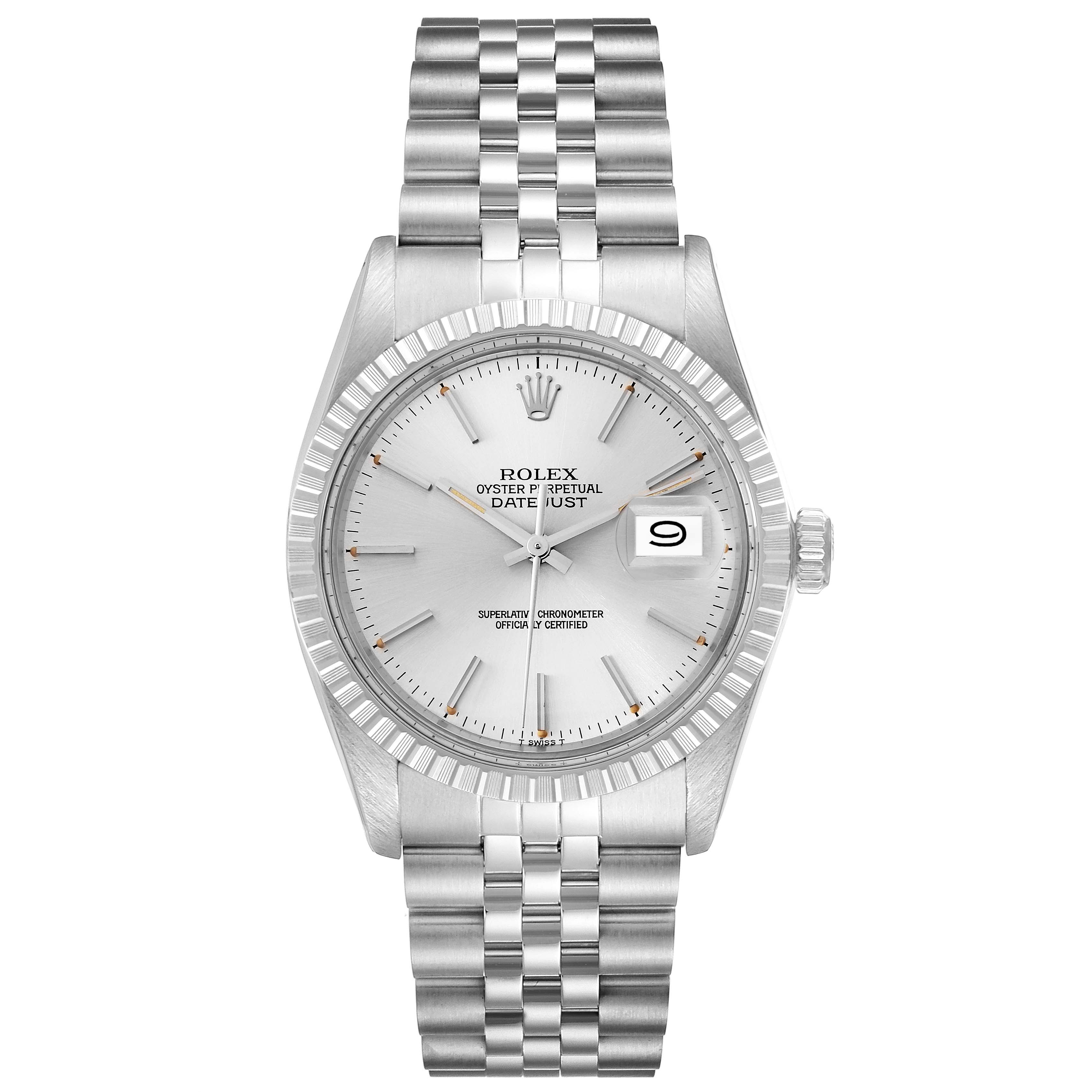 This image shows the Rolex Vintage Collection 16030 Men's Stainless Steel Silver Dial 16030 Men's Stainless Steel Silver Dial Oyster Perpetual Datejust model from a front angle, highlighting the dial, bezel, and bracelet.