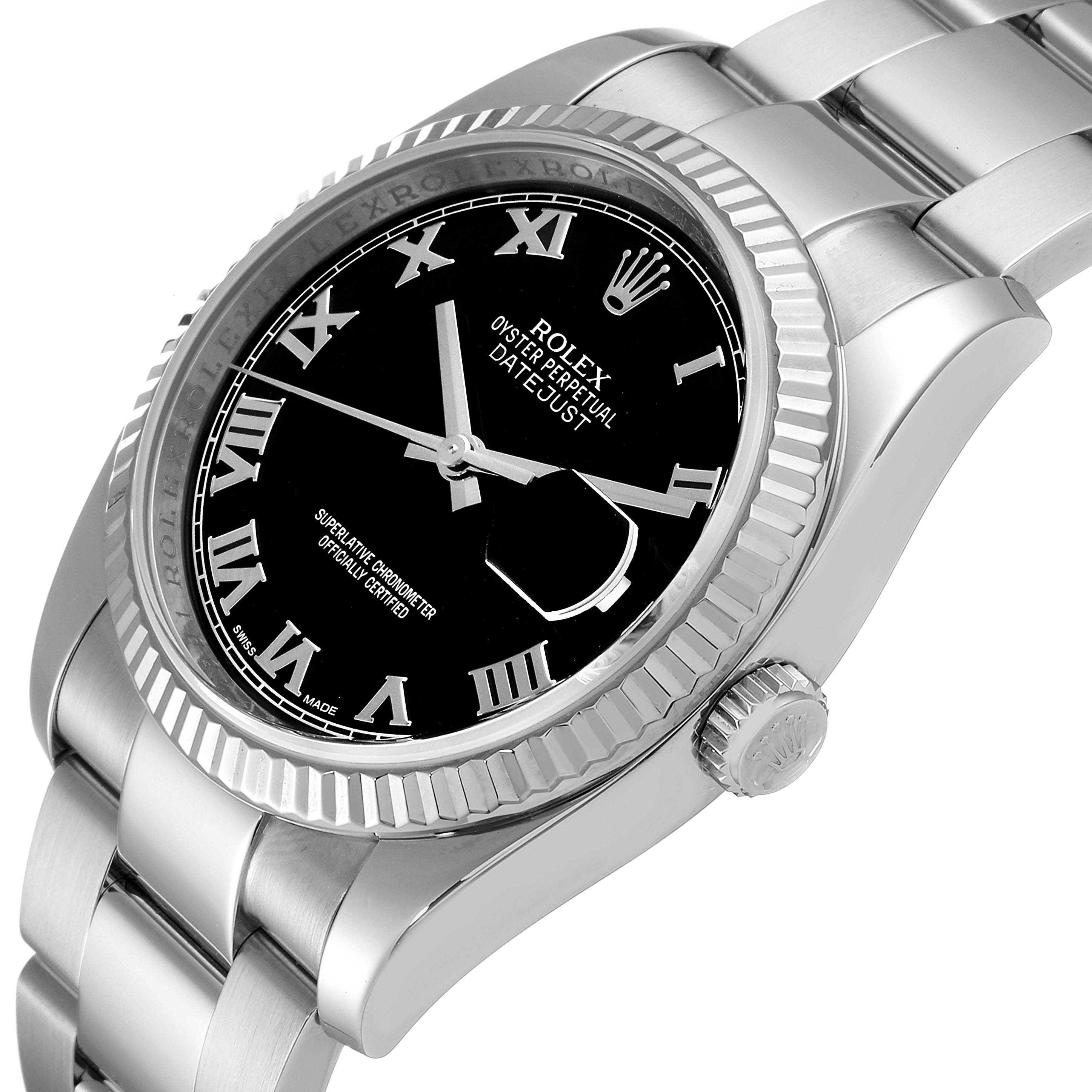 This image shows a close-up angled view of the Rolex Datejust 116234 Men
s Stainless Steel Black Dial 116234 Men
s Stainless Steel Black Dial watch, focusing on the dial, bezel, case, and part of the bracelet.