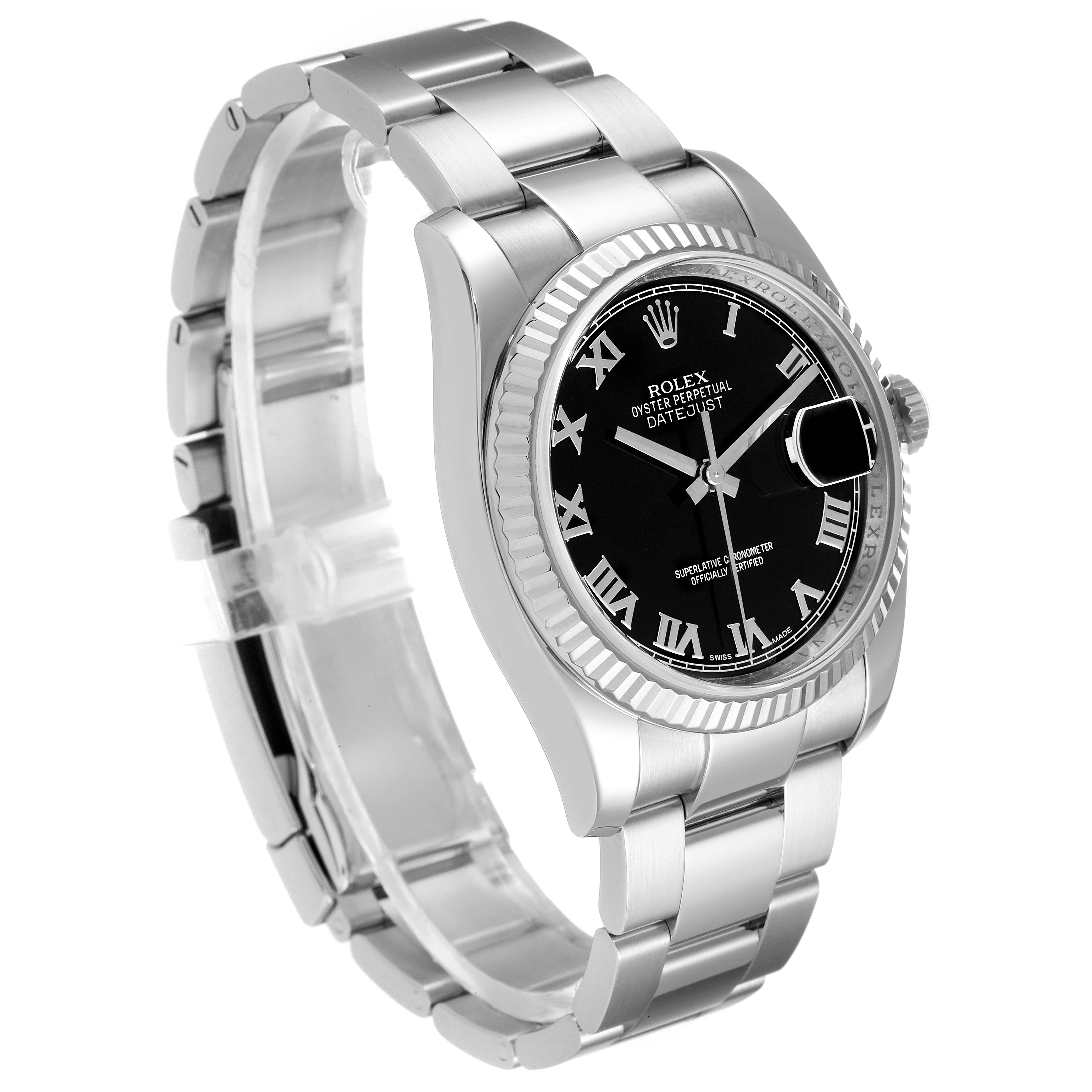 This image shows a Rolex Datejust 116234 Men
s Stainless Steel Black Dial 116234 Men
s Stainless Steel Black Dial model from a three-quarter side view, detailing the bracelet, bezel, and black dial.