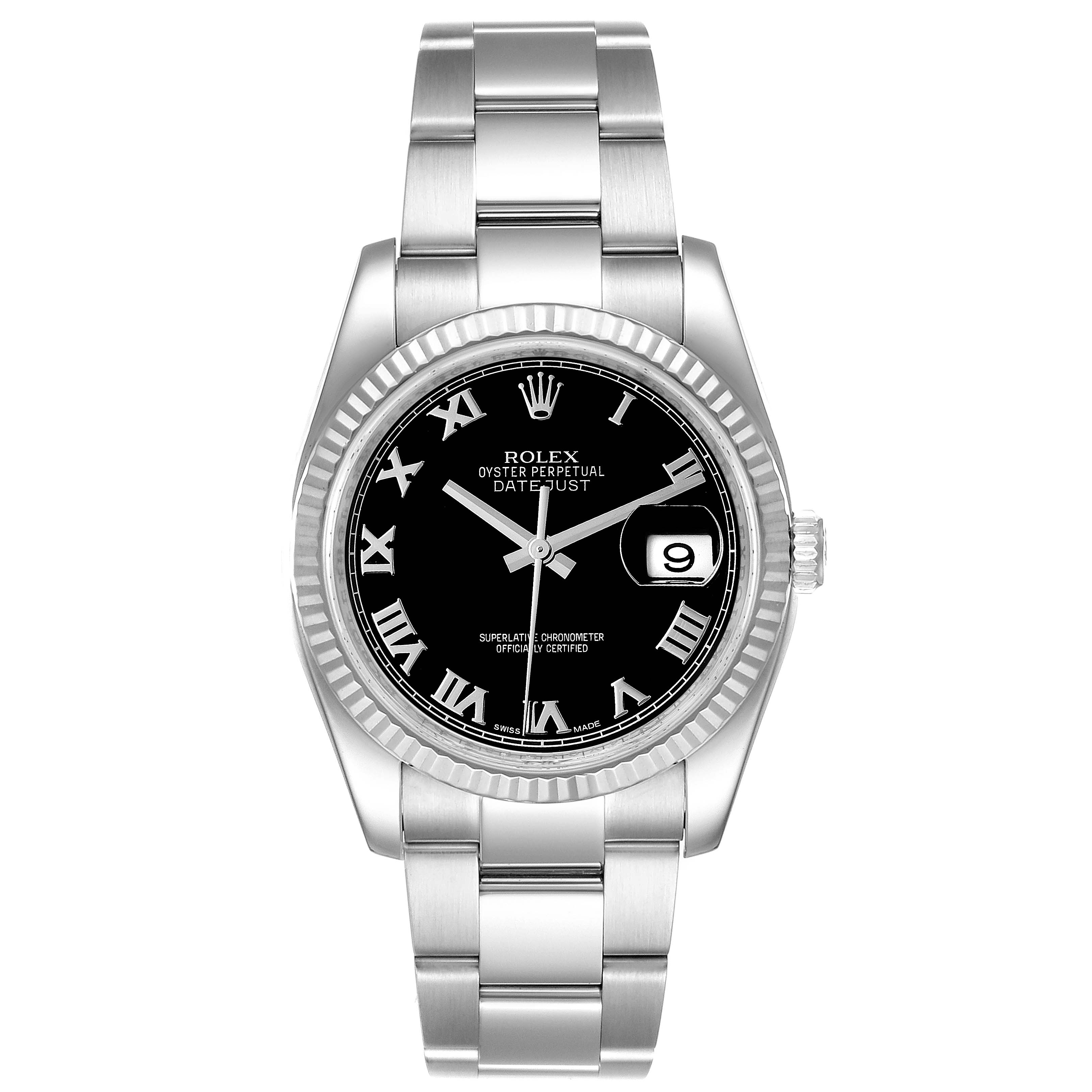 The image shows a front view of the Rolex Datejust 116234 Men
s Stainless Steel Black Dial 116234 Men
s Stainless Steel Black Dial watch, displaying the dial, bezel, bracelet, and date window.