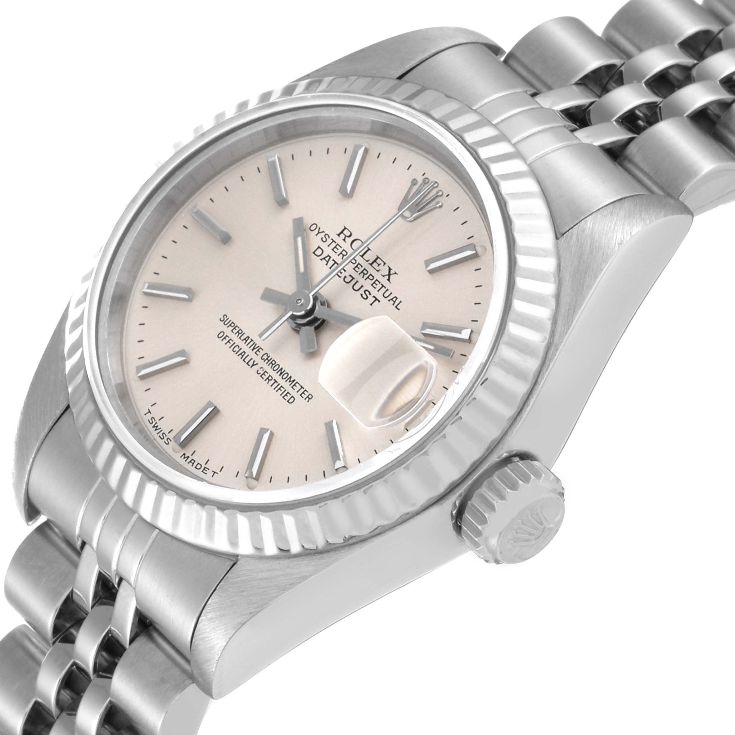 The image shows a close-up, angled view of a Rolex Datejust 69174 Women's Stainless Steel Silver Dial 69174 Women's Stainless Steel Silver Dial watch face, bezel, and part of the bracelet.