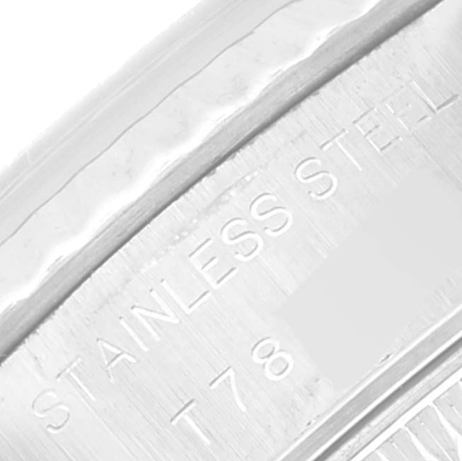 This image shows a close-up of the stainless steel case back detailing and engraving of the Rolex Datejust 69174 Women's Stainless Steel Silver Dial 69174 Women's Stainless Steel Silver Dial watch.