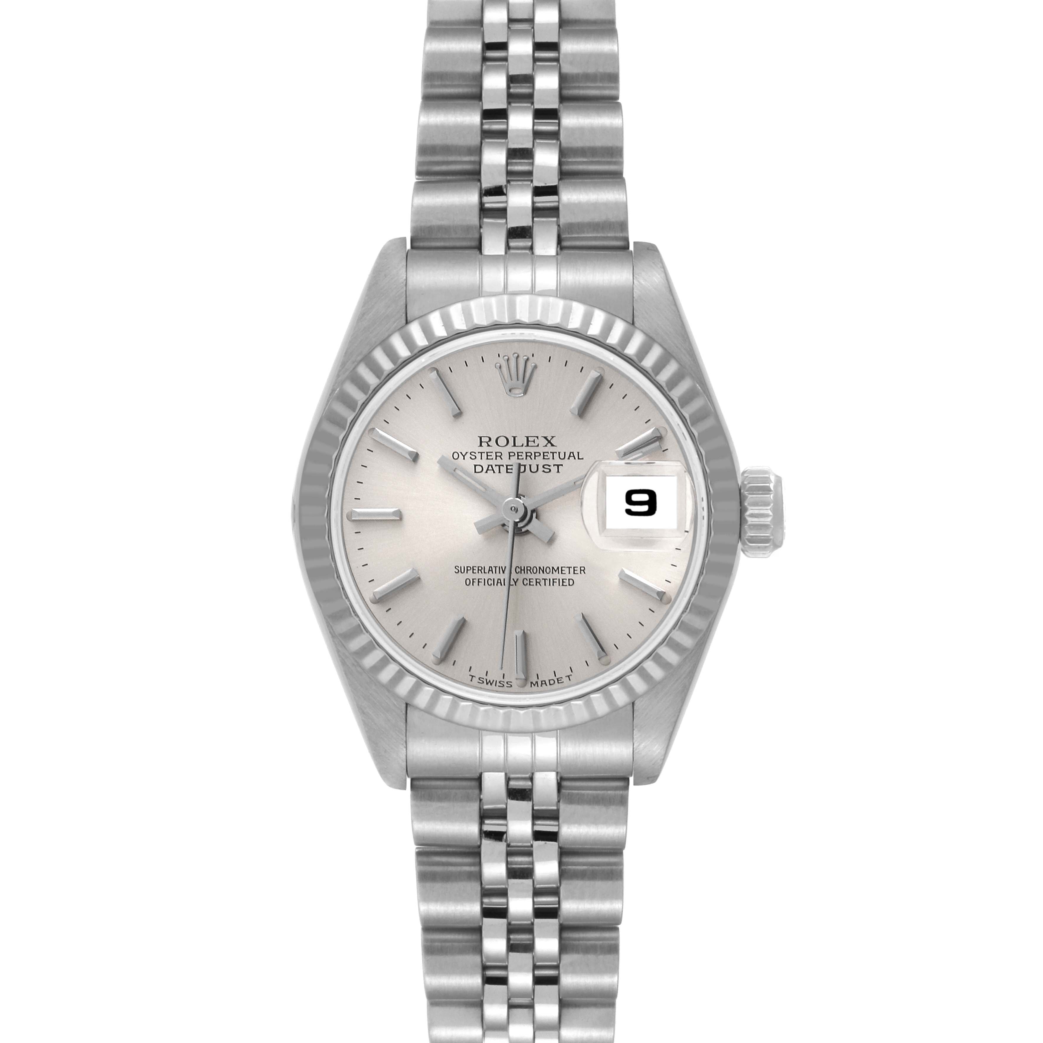 The image shows a front view of a Rolex Datejust 69174 Women's Stainless Steel Silver Dial 69174 Women's Stainless Steel Silver Dial watch, detailing the face, bracelet, and date window.