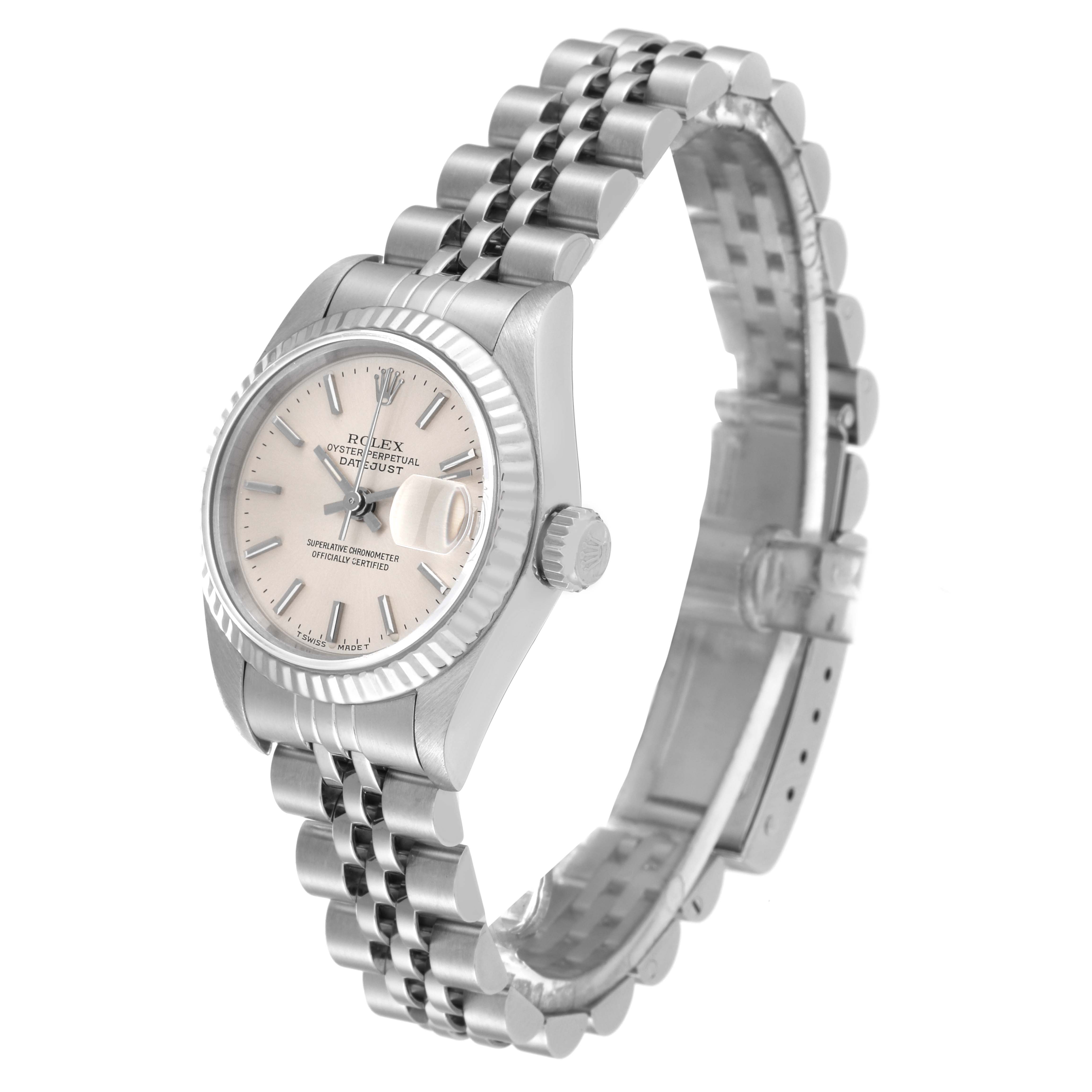 The Rolex Datejust 69174 Women's Stainless Steel Silver Dial 69174 Women's Stainless Steel Silver Dial watch is shown at a slight angle, displaying the face, case, bracelet, and clasp.