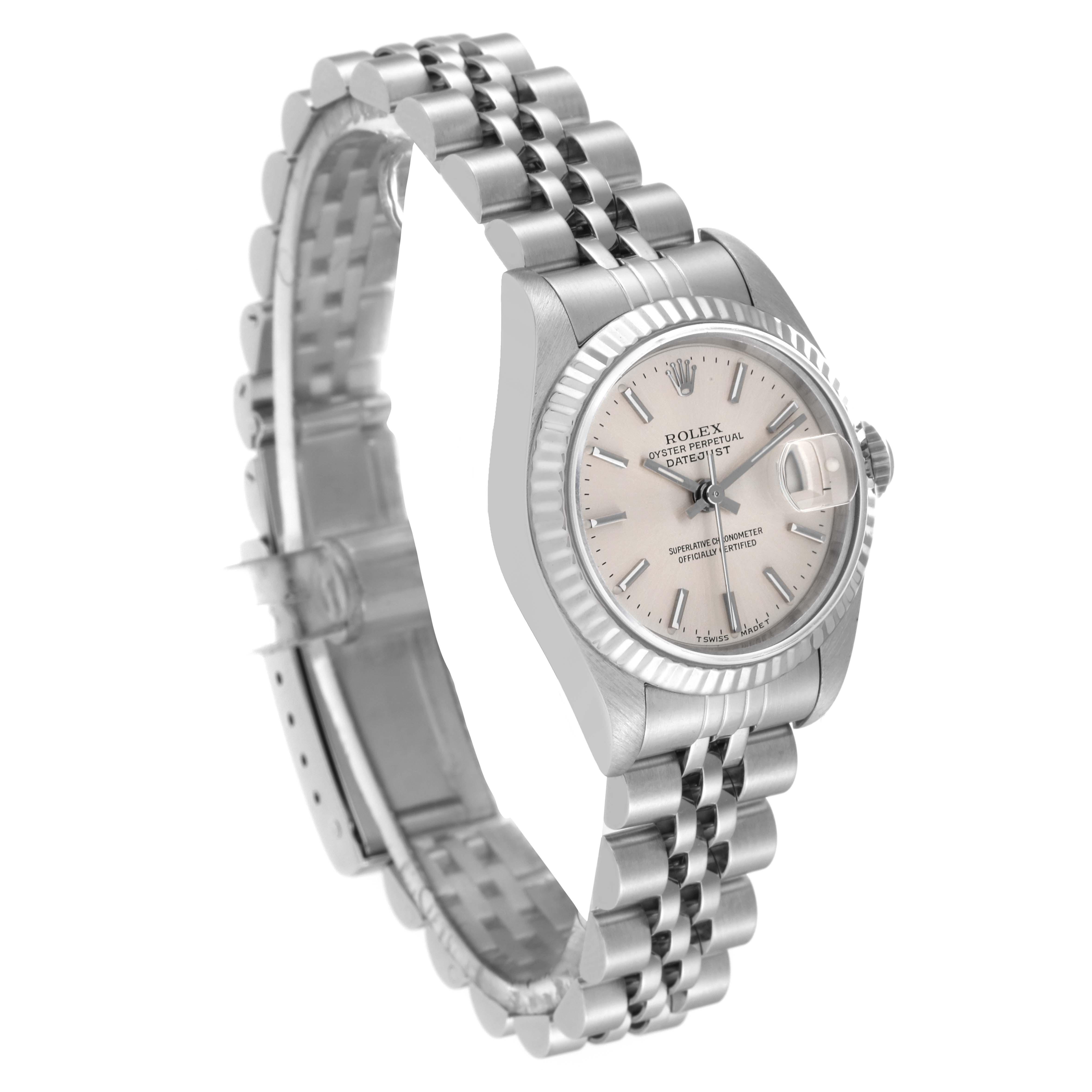 The image shows a Rolex Datejust 69174 Women's Stainless Steel Silver Dial 69174 Women's Stainless Steel Silver Dial watch at a slight angle, highlighting its face, bezel, and metal bracelet.