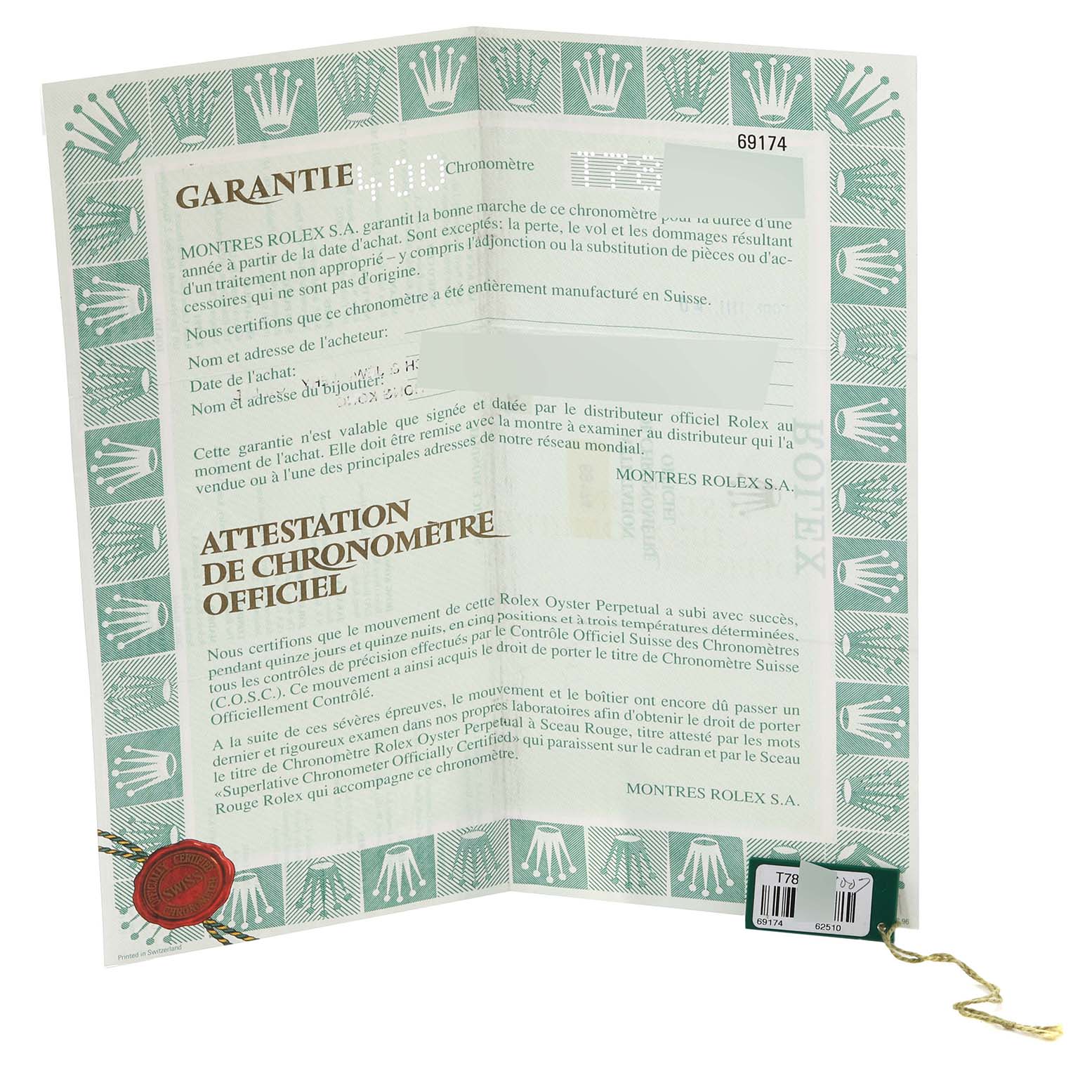 The image shows the warranty and certification papers for a Rolex Datejust 69174 Women's Stainless Steel Silver Dial 69174 Women's Stainless Steel Silver Dial watch.