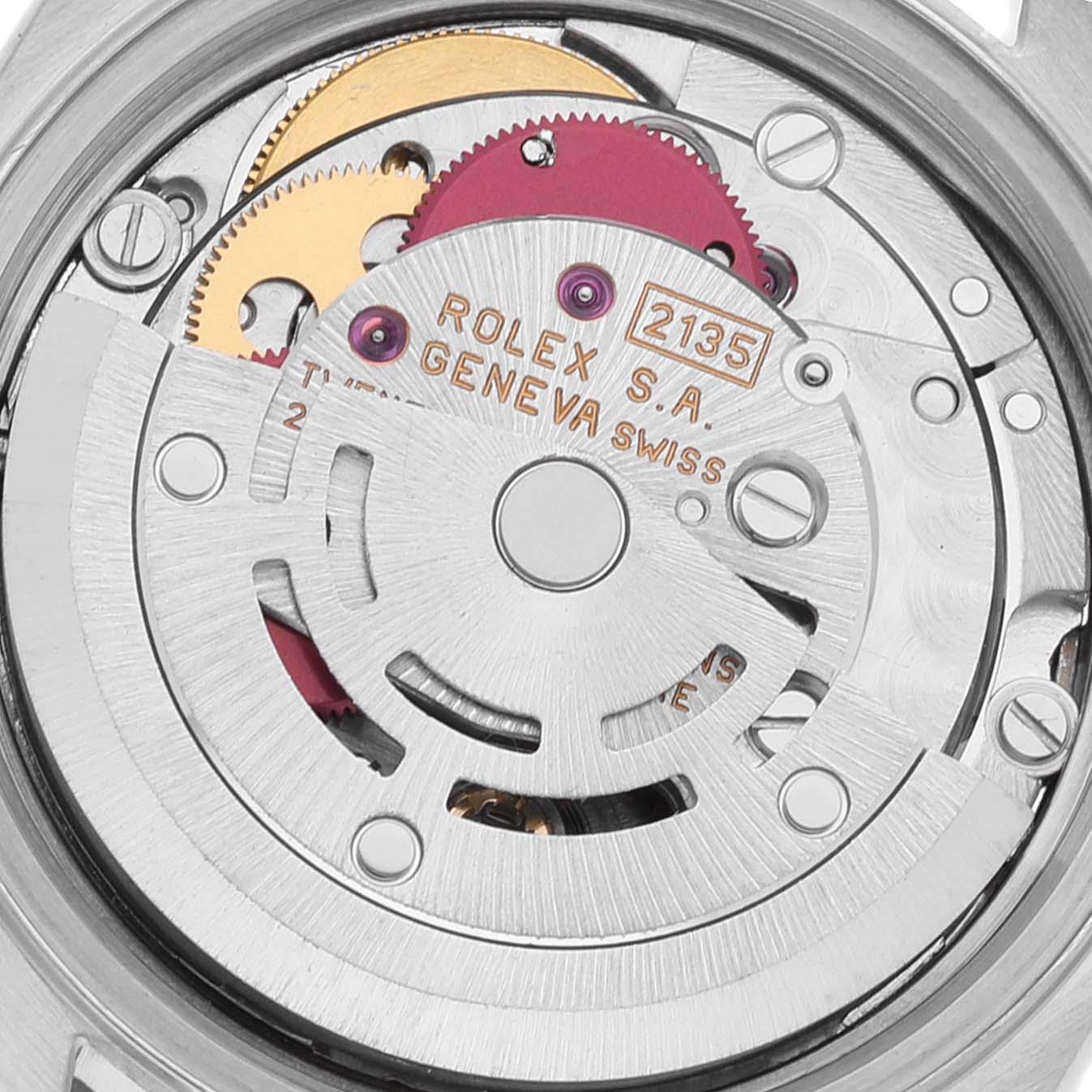 The image shows the movement mechanism of the Rolex Datejust 69174 Women's Stainless Steel Silver Dial 69174 Women's Stainless Steel Silver Dial watch, displaying the intricate internal gears and components.
