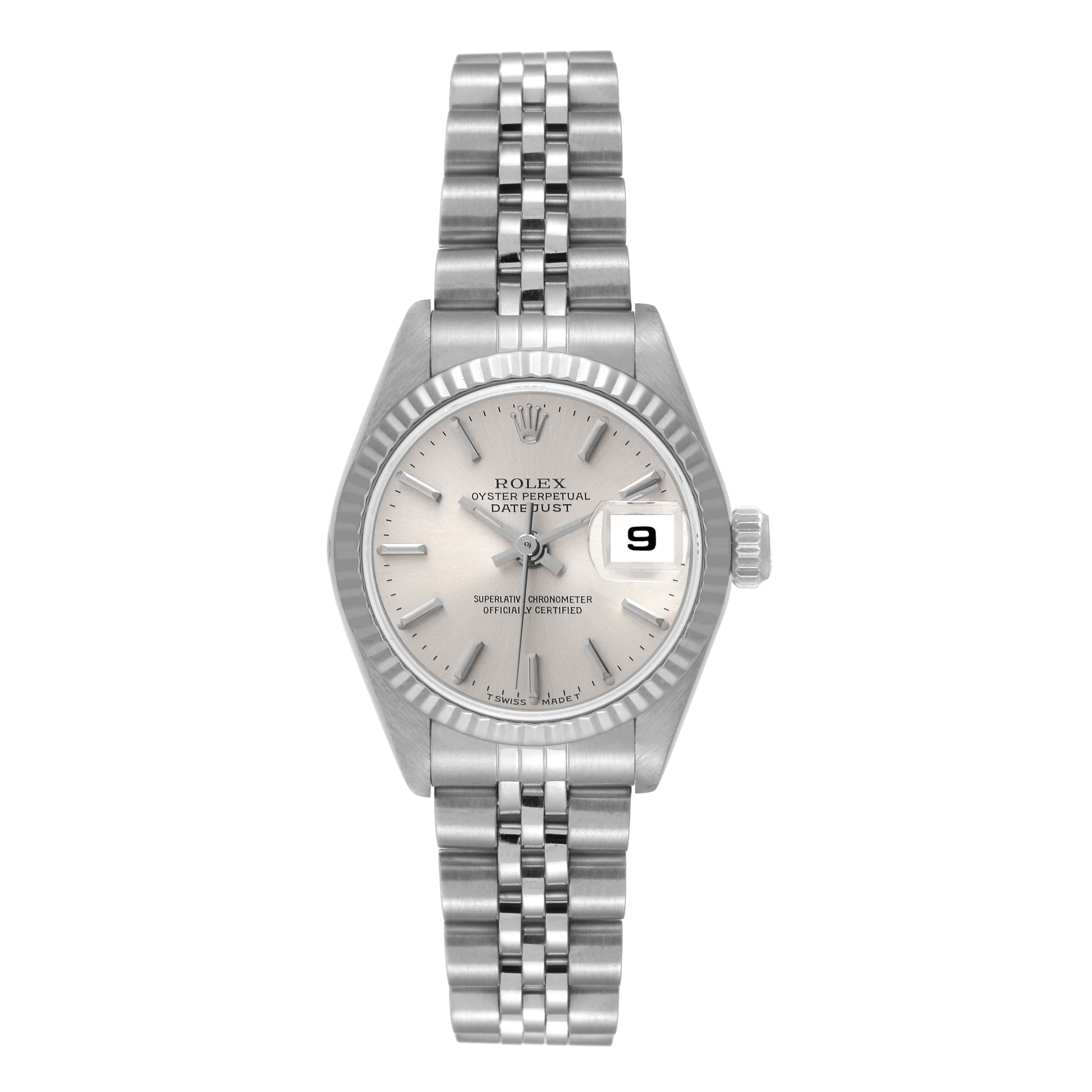 The image shows a frontal view of a Rolex Datejust 69174 Women's Stainless Steel Silver Dial 69174 Women's Stainless Steel Silver Dial watch, featuring the dial, bezel, crown, and Jubilee bracelet.