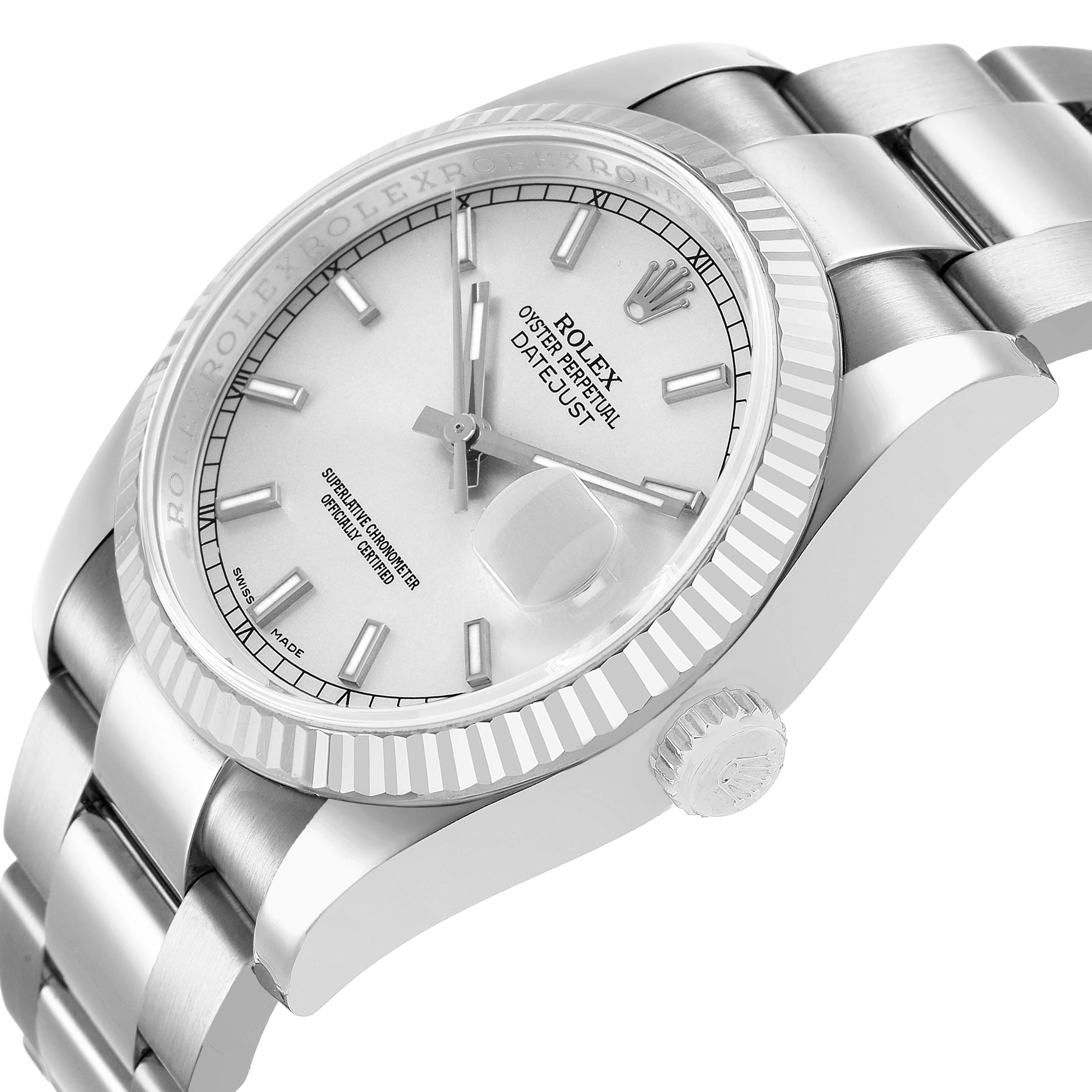 The Rolex Datejust 116234 Men's Stainless Steel Silver Dial watch is shown from an angled side view highlighting its dial, bezel, and bracelet.