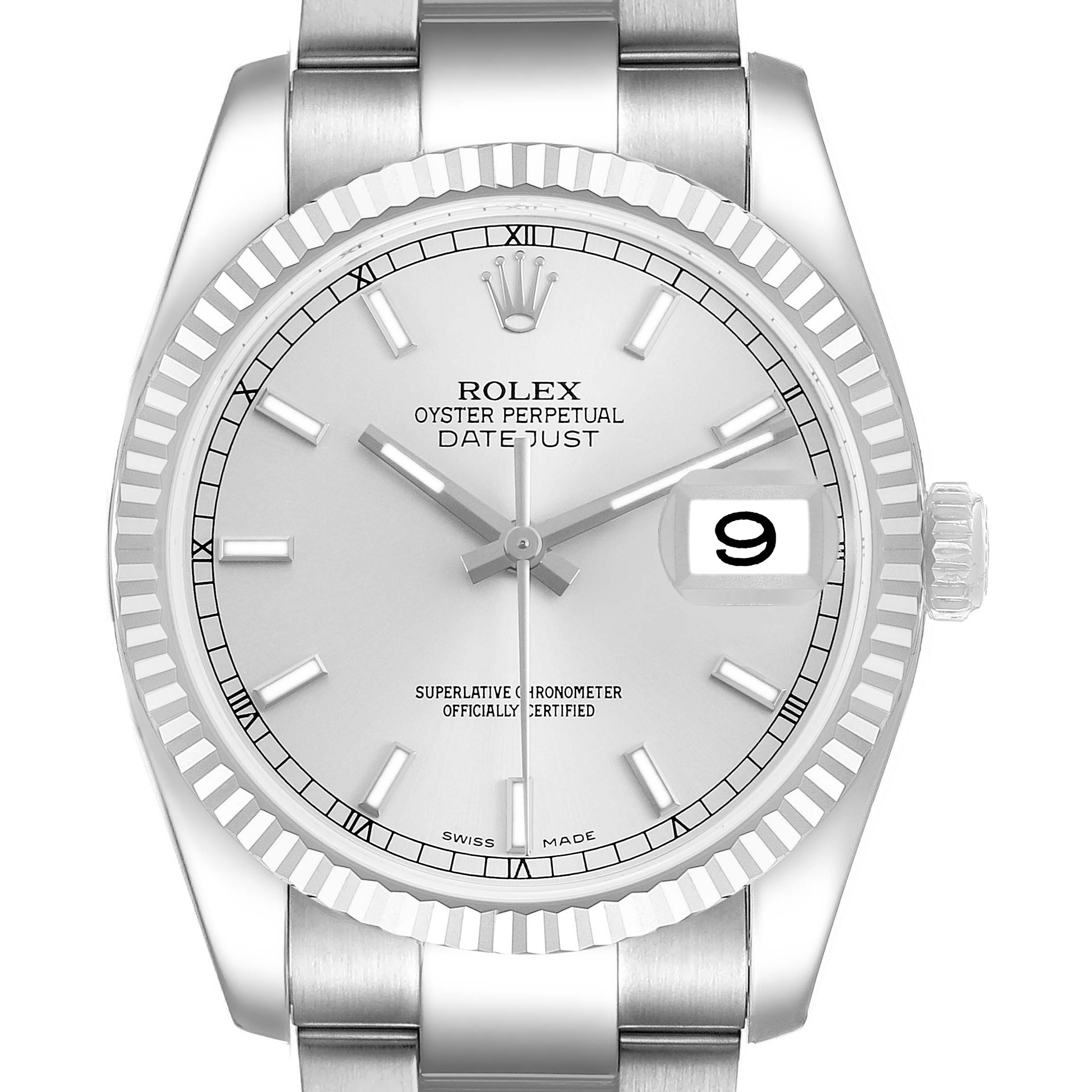 The Rolex Datejust 116234 Men's Stainless Steel Silver Dial watch is shown from a front angle, highlighting the dial, bezel, crown, and bracelet.