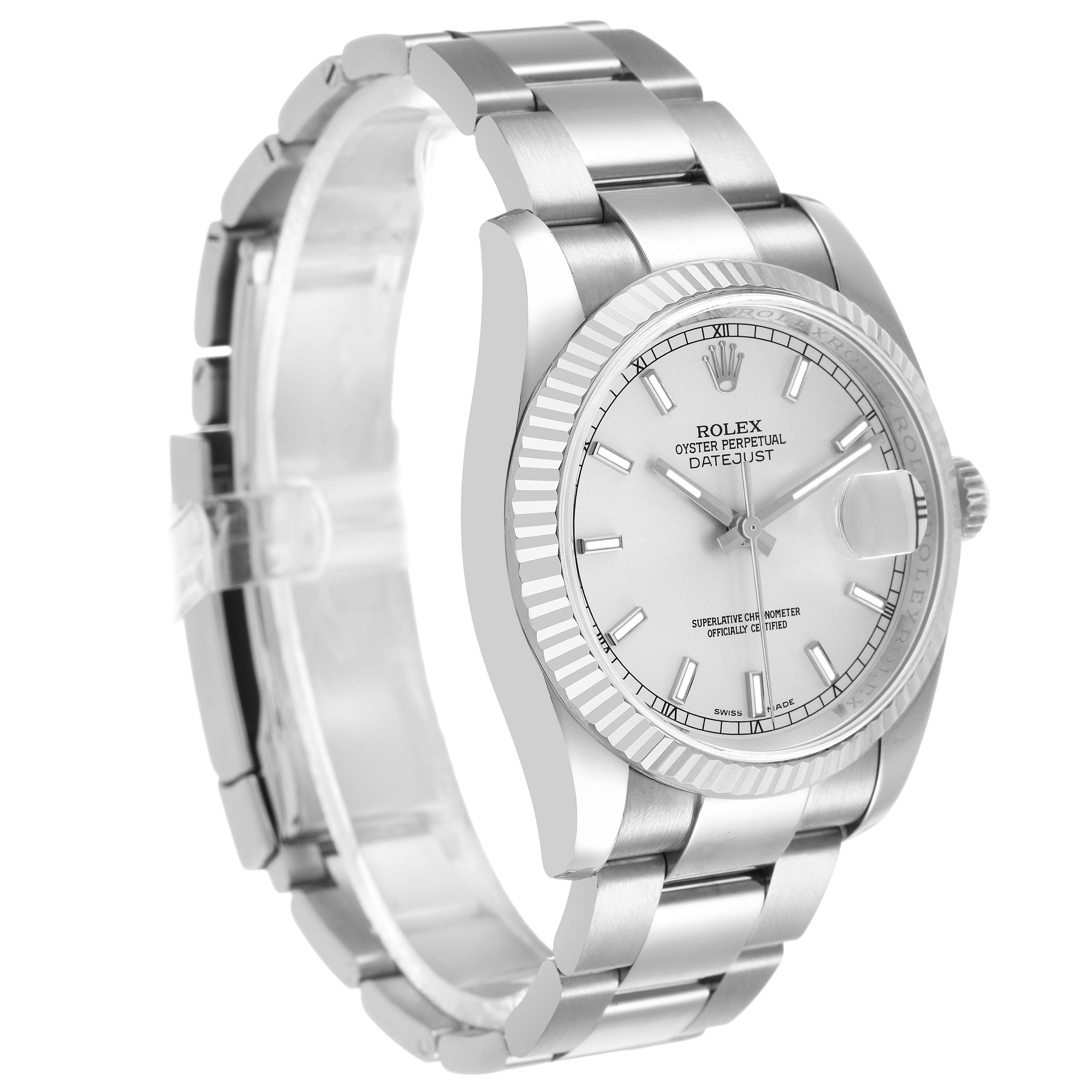 The Rolex Datejust 116234 Men's Stainless Steel Silver Dial is shown at a three-quarter angle, displaying the face, fluted bezel, and bracelet.