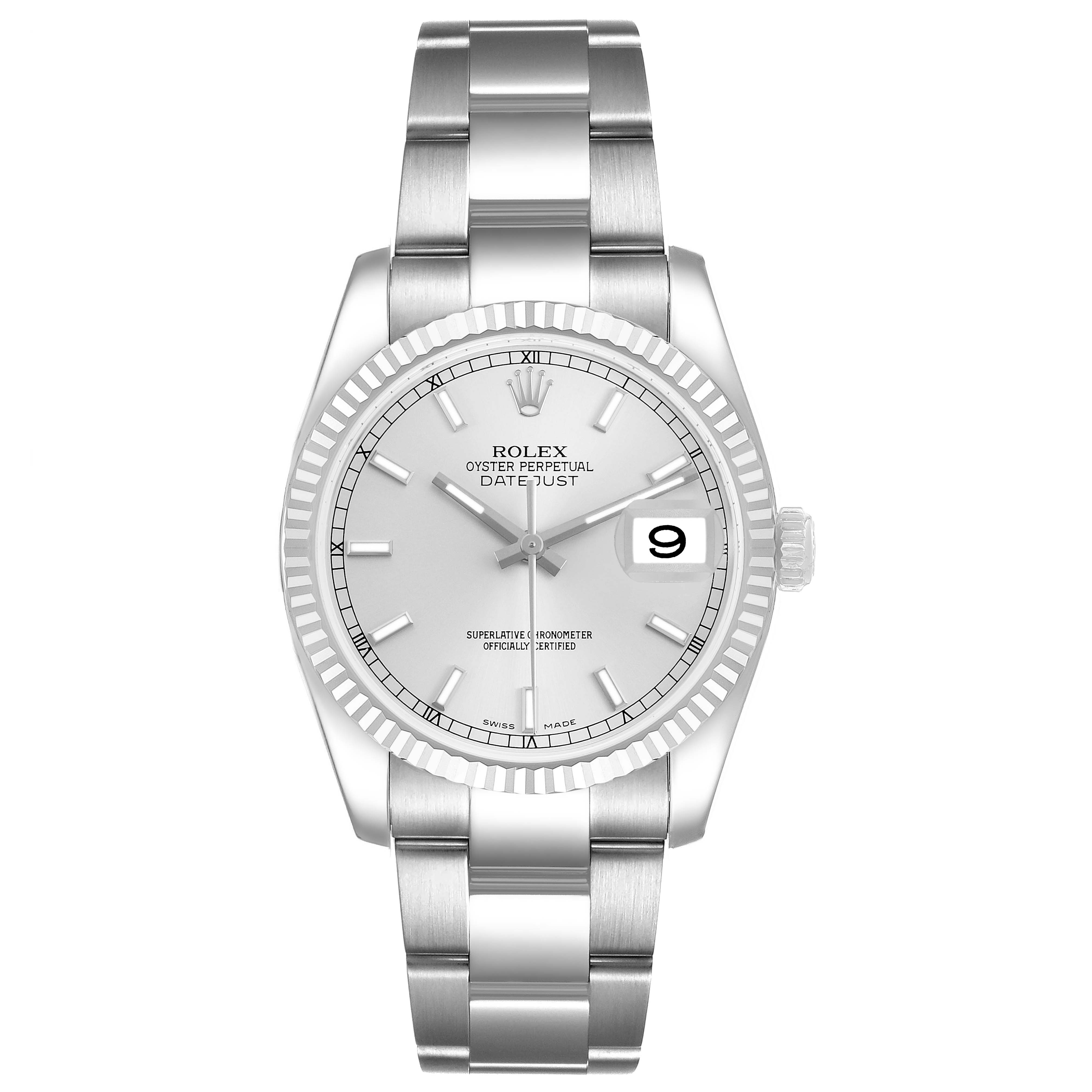 The Rolex Datejust 116234 Men's Stainless Steel Silver Dial watch is shown from a straight-on angle, displaying its bezel, dial, hands, date window, and bracelet.