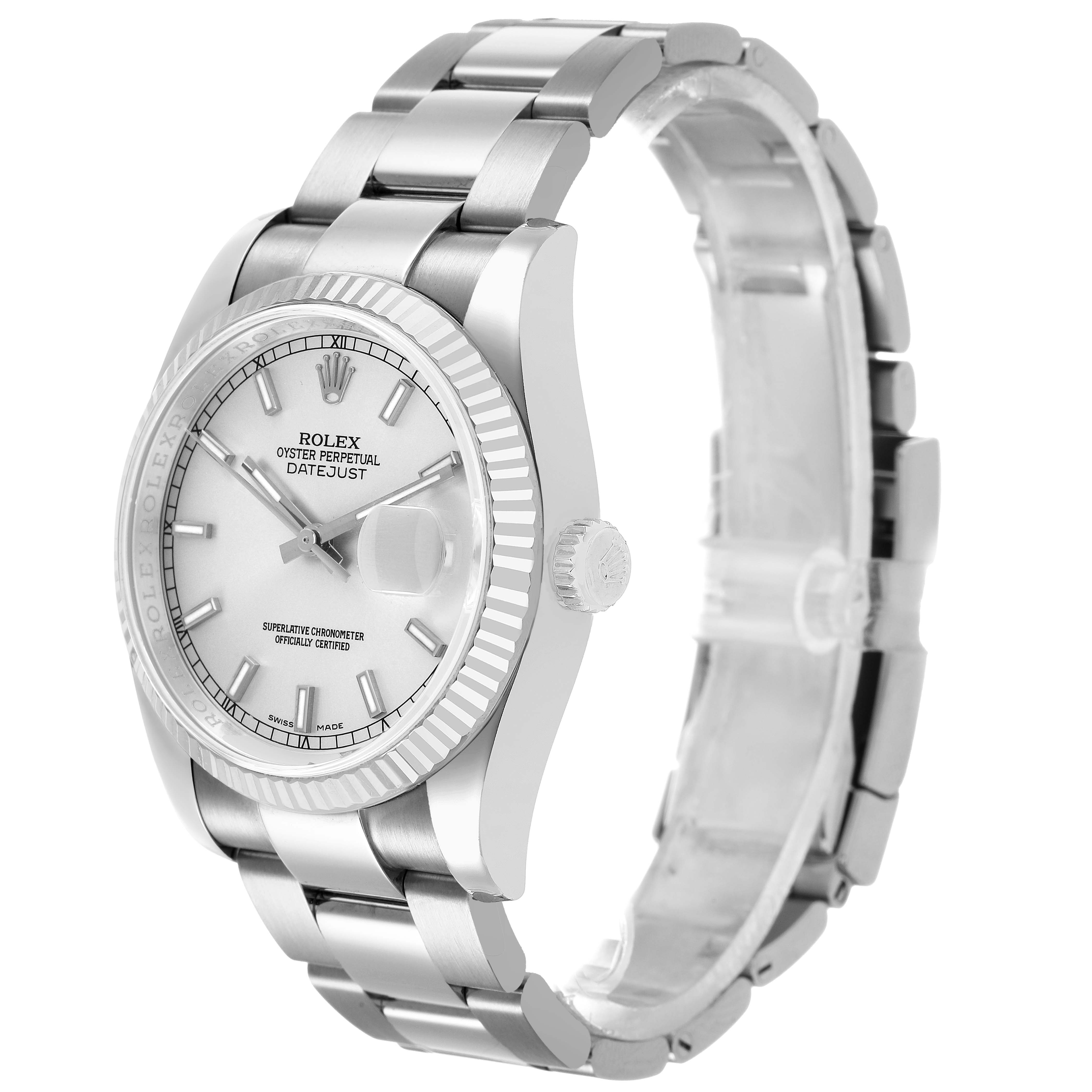 The Rolex Datejust 116234 Men's Stainless Steel Silver Dial watch is shown from a three-quarter angle, highlighting the dial, bezel, crown, and bracelet.