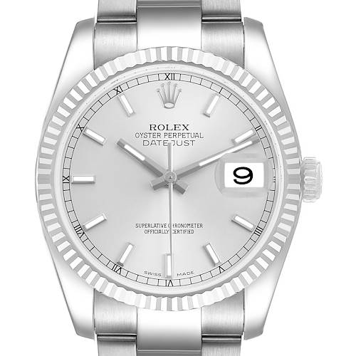 The Rolex Datejust 116234 Men's Stainless Steel Silver Dial watch is shown from a front angle, highlighting the dial, bezel, bracelet, and crown.