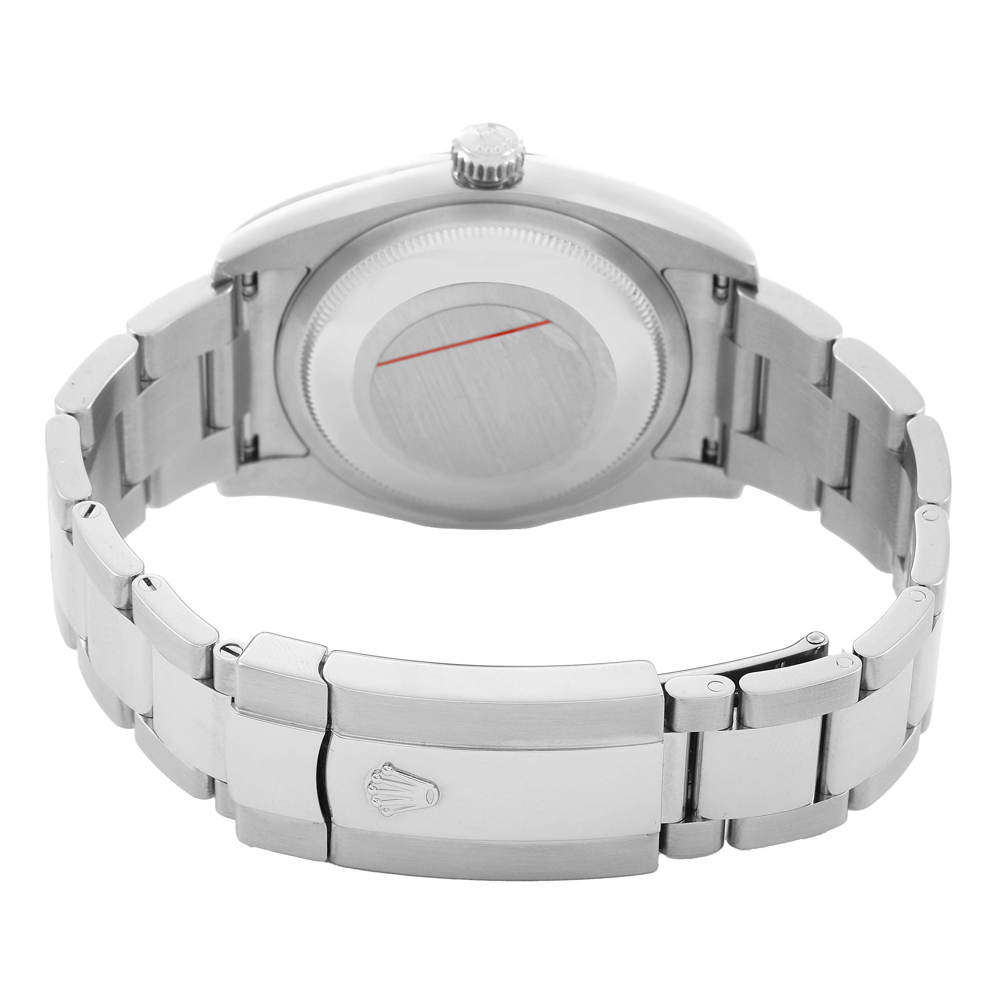 The image shows the back view of a Rolex Datejust 116234 Men's Stainless Steel Silver Dial with a focus on the bracelet and clasp.