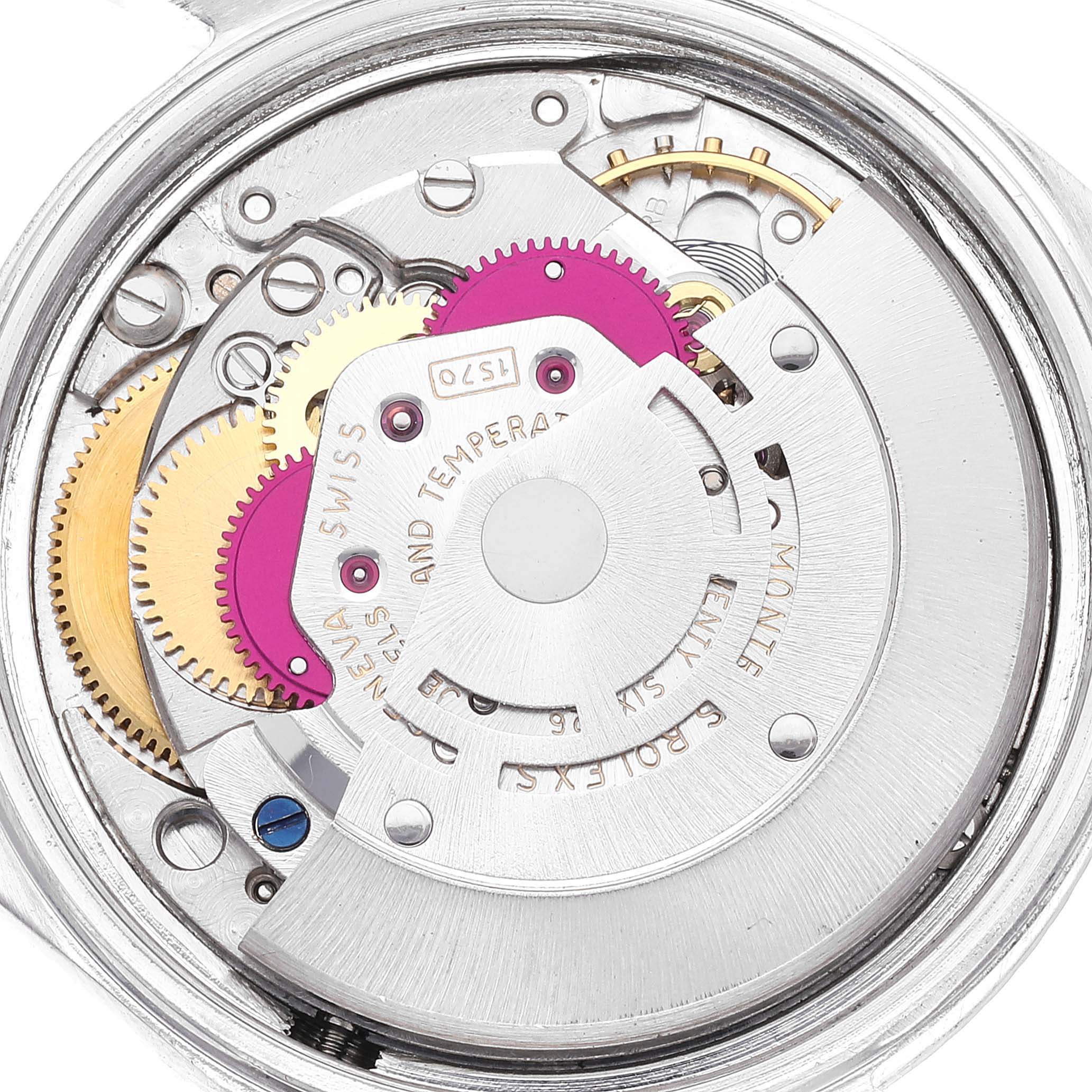 This image shows the Rolex Vintage Collection 1601 Men's Stainless Steel Silver Dial 1601 Men's Stainless Steel Silver Dial watch's movement from a top-down angle, revealing gears and mechanical parts.