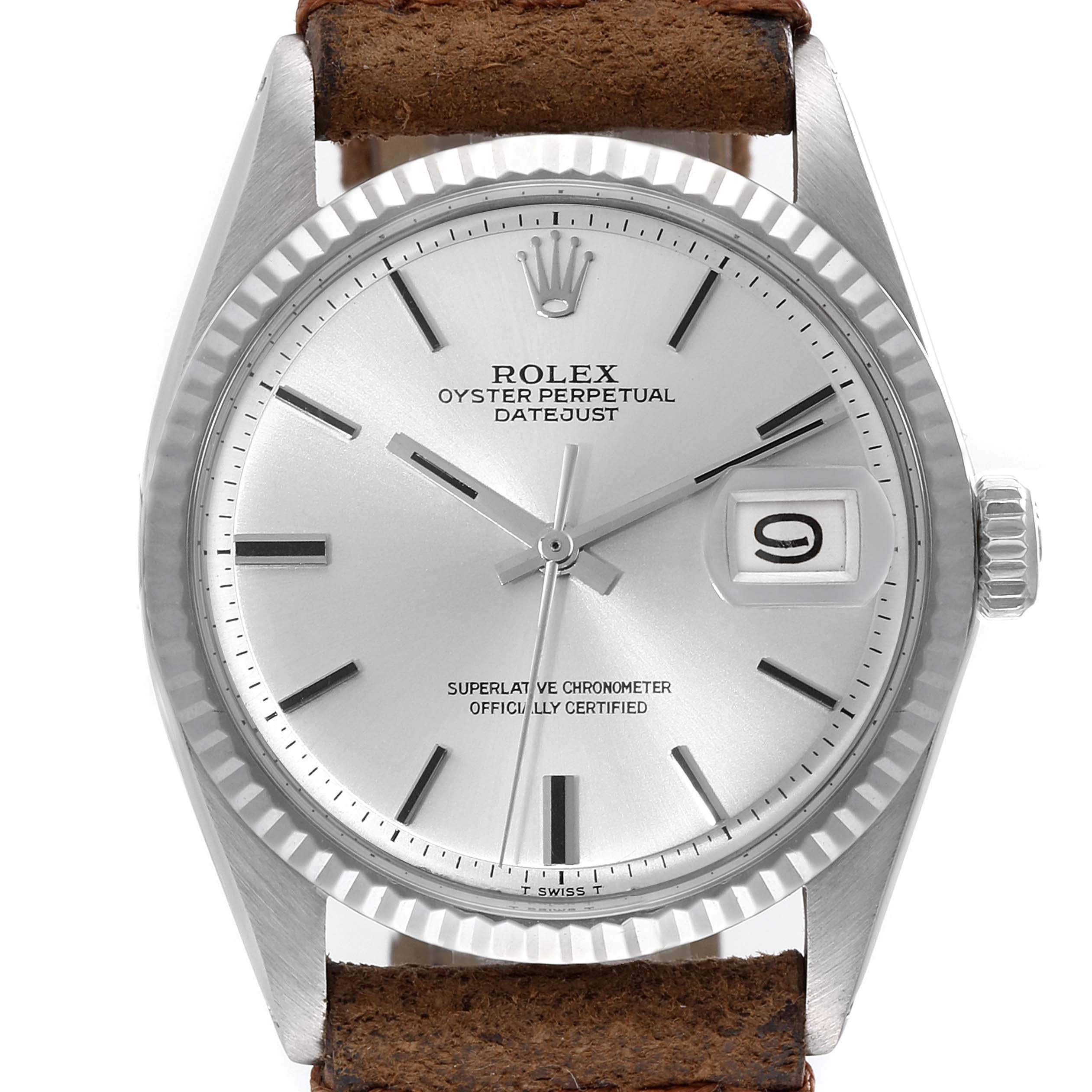 The image shows a frontal view of a Vintage Collection Rolex Oyster Perpetual Datejust watch with a leather strap.