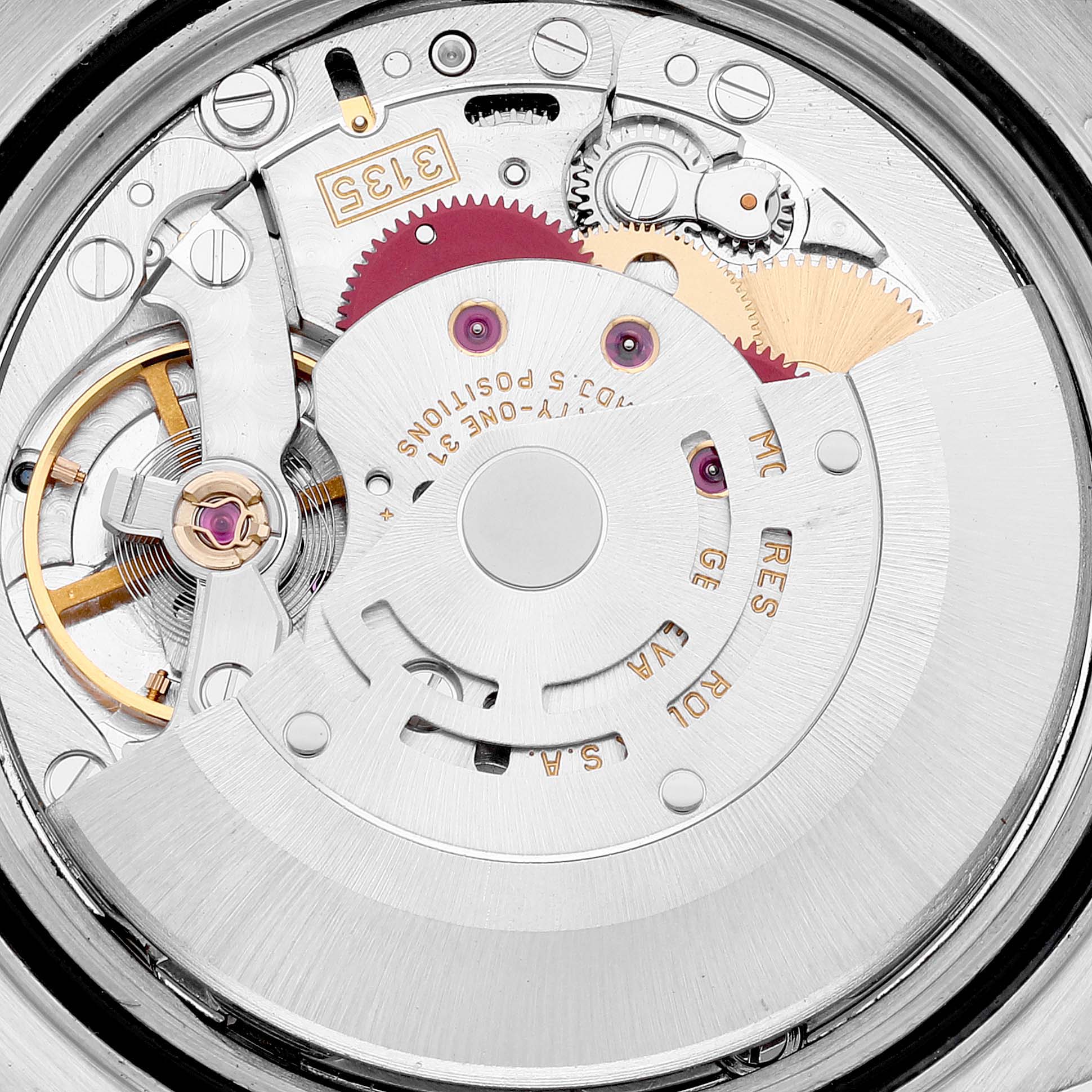 This image shows a close-up view of the movement mechanism of a Rolex Datejust 16234 Men's Stainless Steel Silver Dial 16234 Men's Stainless Steel Silver Dial watch.