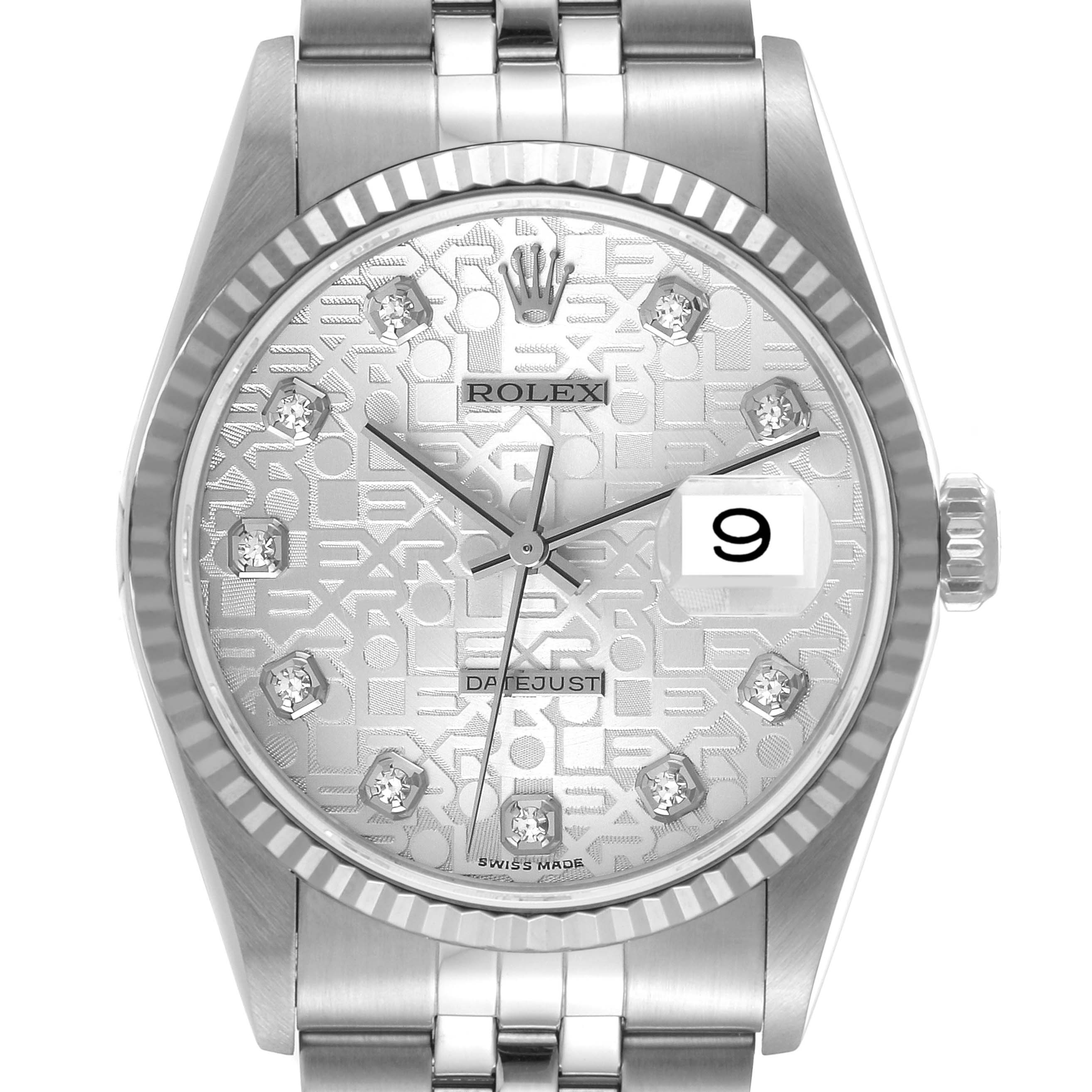 The image shows a front view of a Rolex Datejust 16234 Men's Stainless Steel Silver Dial 16234 Men's Stainless Steel Silver Dial watch, including its dial, bezel, crown, and part of the bracelet.