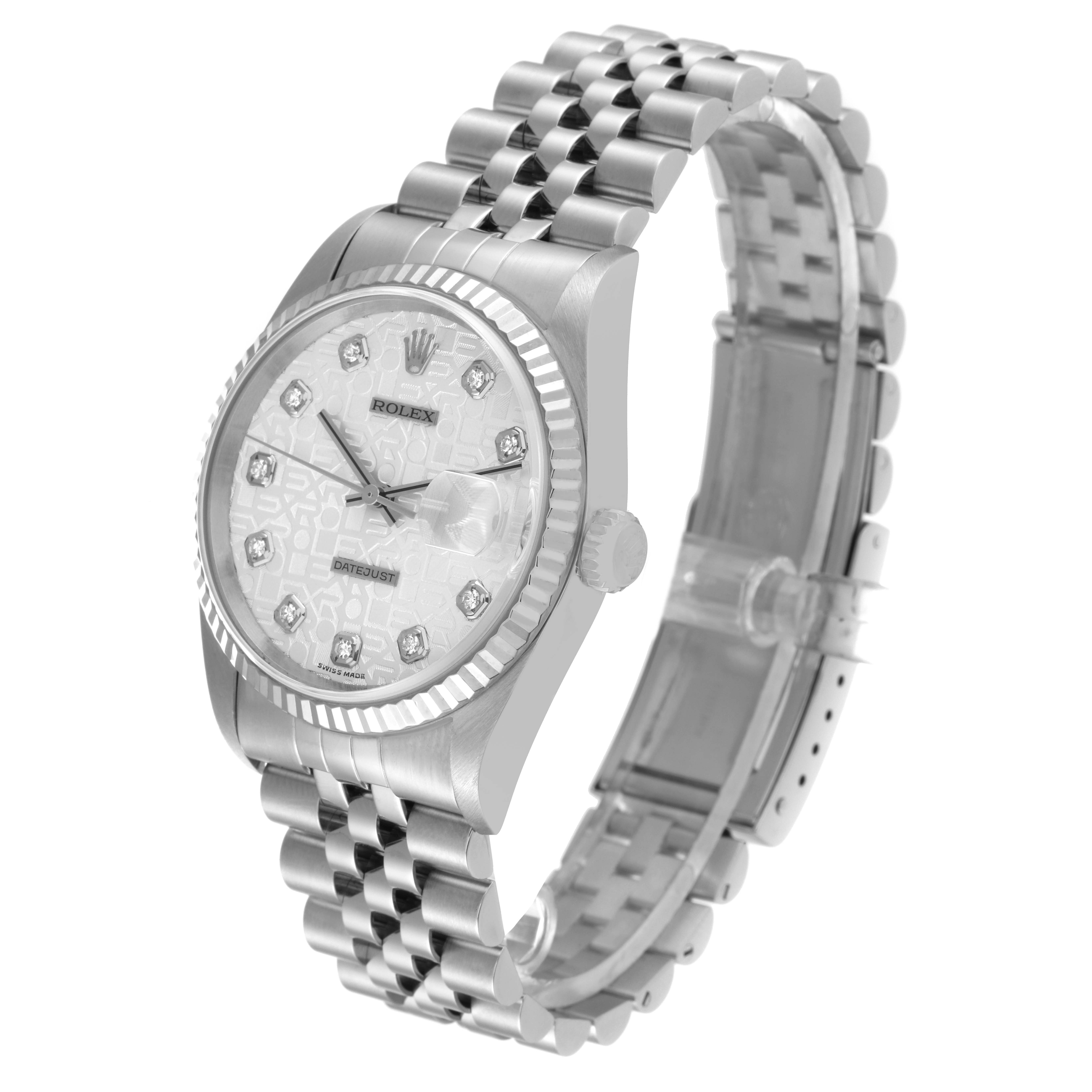 The image shows a Rolex Datejust 16234 Men's Stainless Steel Silver Dial 16234 Men's Stainless Steel Silver Dial watch from a slightly tilted left-side angle, highlighting the watch face, bezel, and jubilee bracelet.