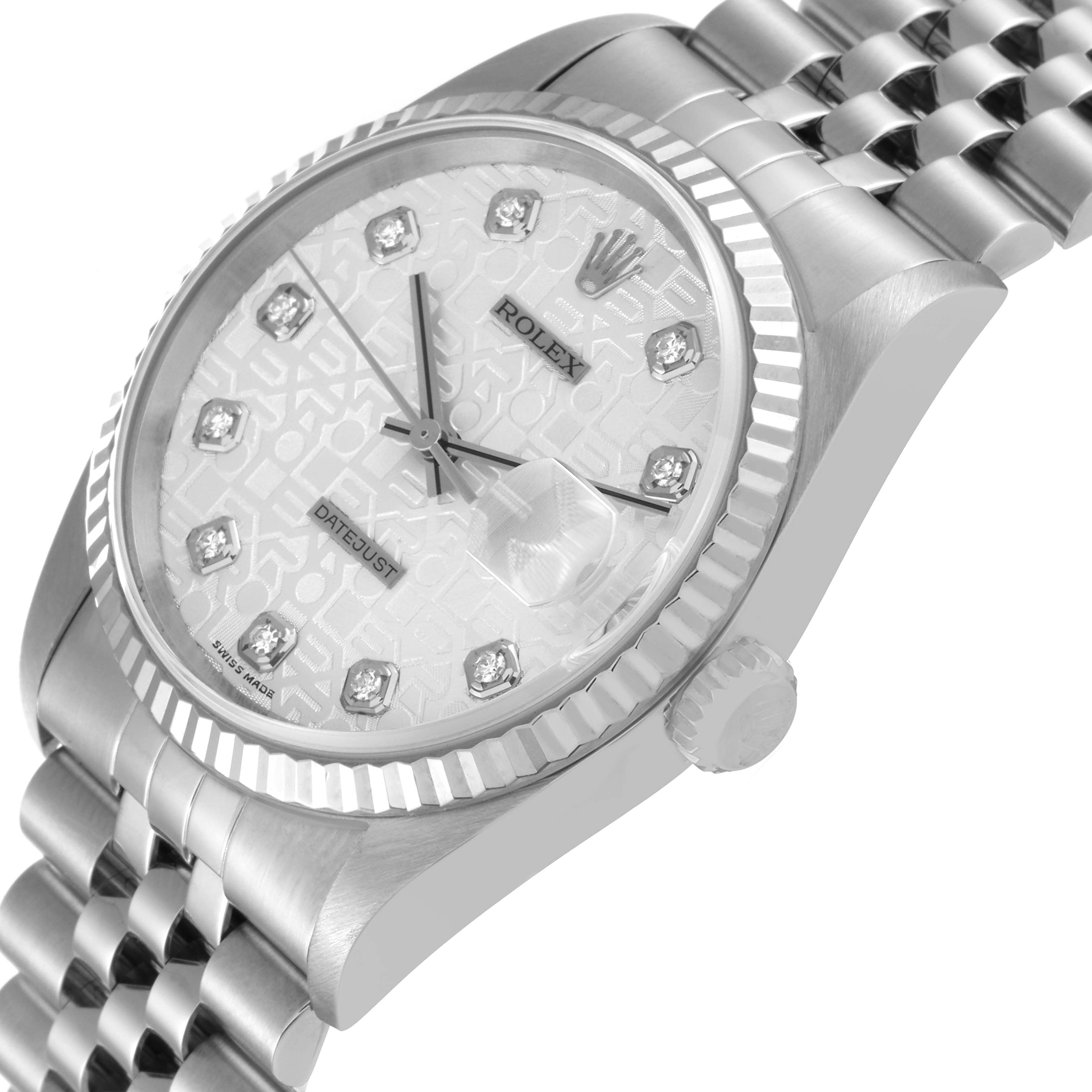 The Rolex Datejust 16234 Men's Stainless Steel Silver Dial 16234 Men's Stainless Steel Silver Dial watch is shown at a slight angle, highlighting the face, bezel, crown, and part of the bracelet.