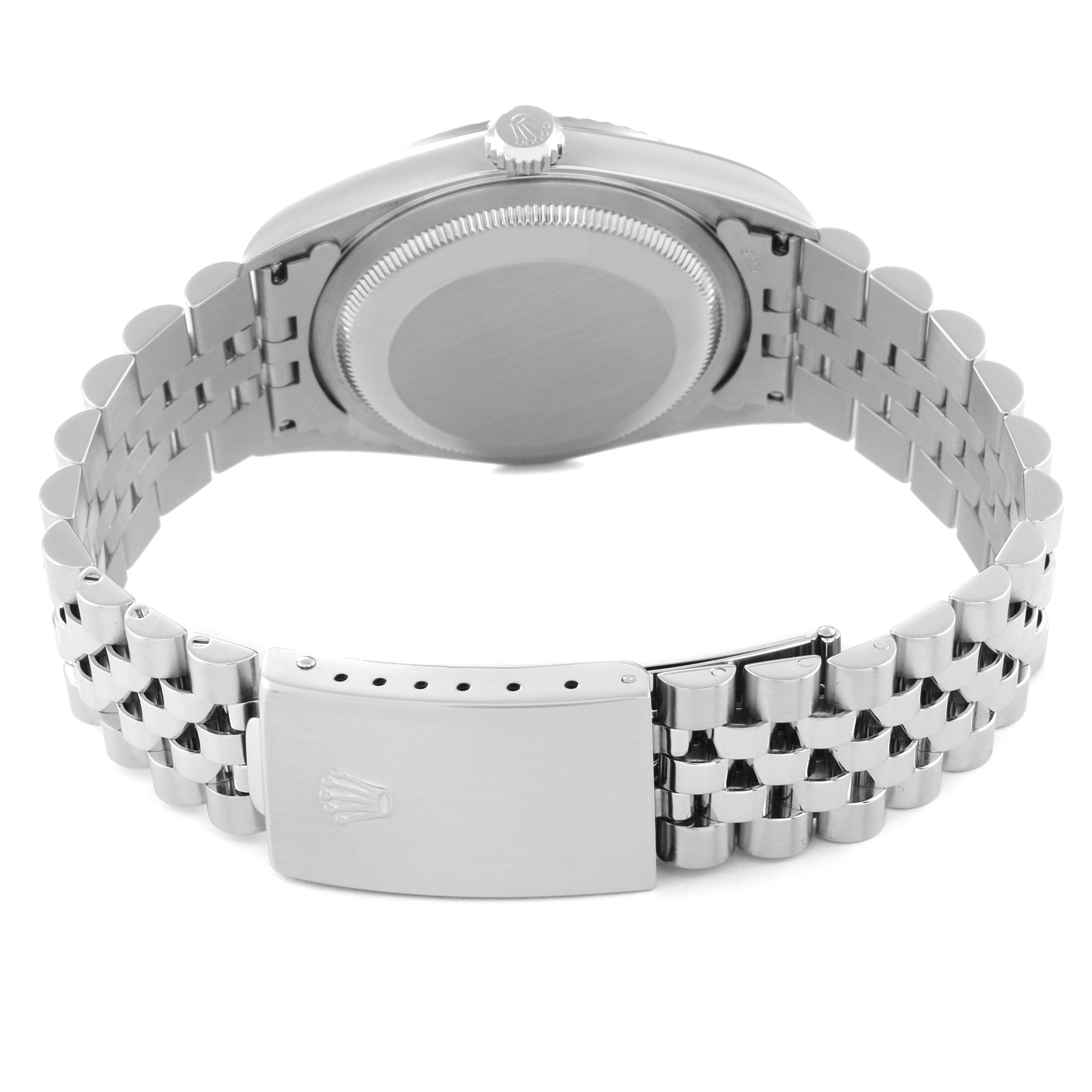 This image shows the back of a Rolex Datejust 16234 Men's Stainless Steel Silver Dial 16234 Men's Stainless Steel Silver Dial watch, highlighting the clasp and bracelet.