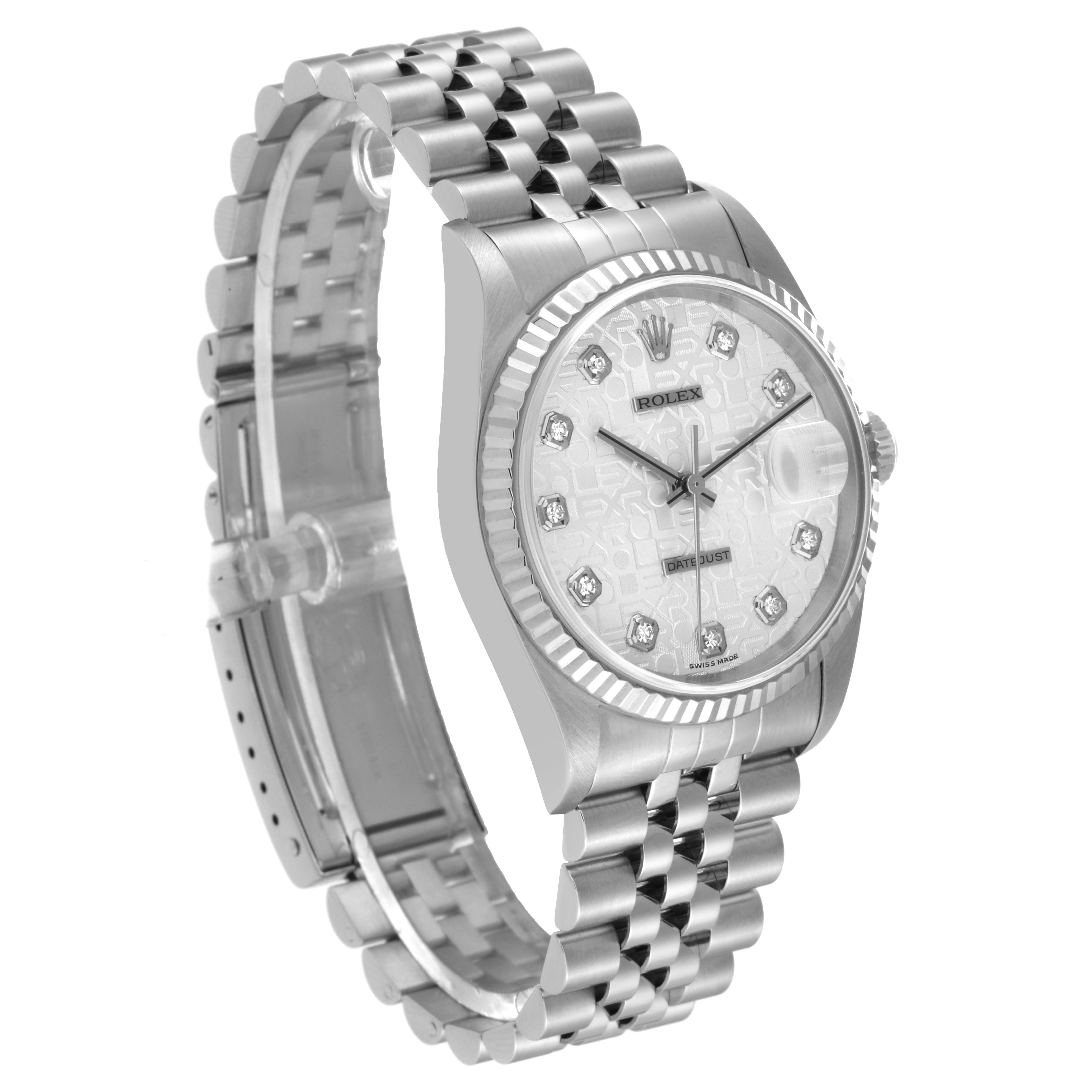 This image shows a Rolex Datejust 16234 Men's Stainless Steel Silver Dial 16234 Men's Stainless Steel Silver Dial watch at a slight angle, displaying the face, case, and part of the bracelet.
