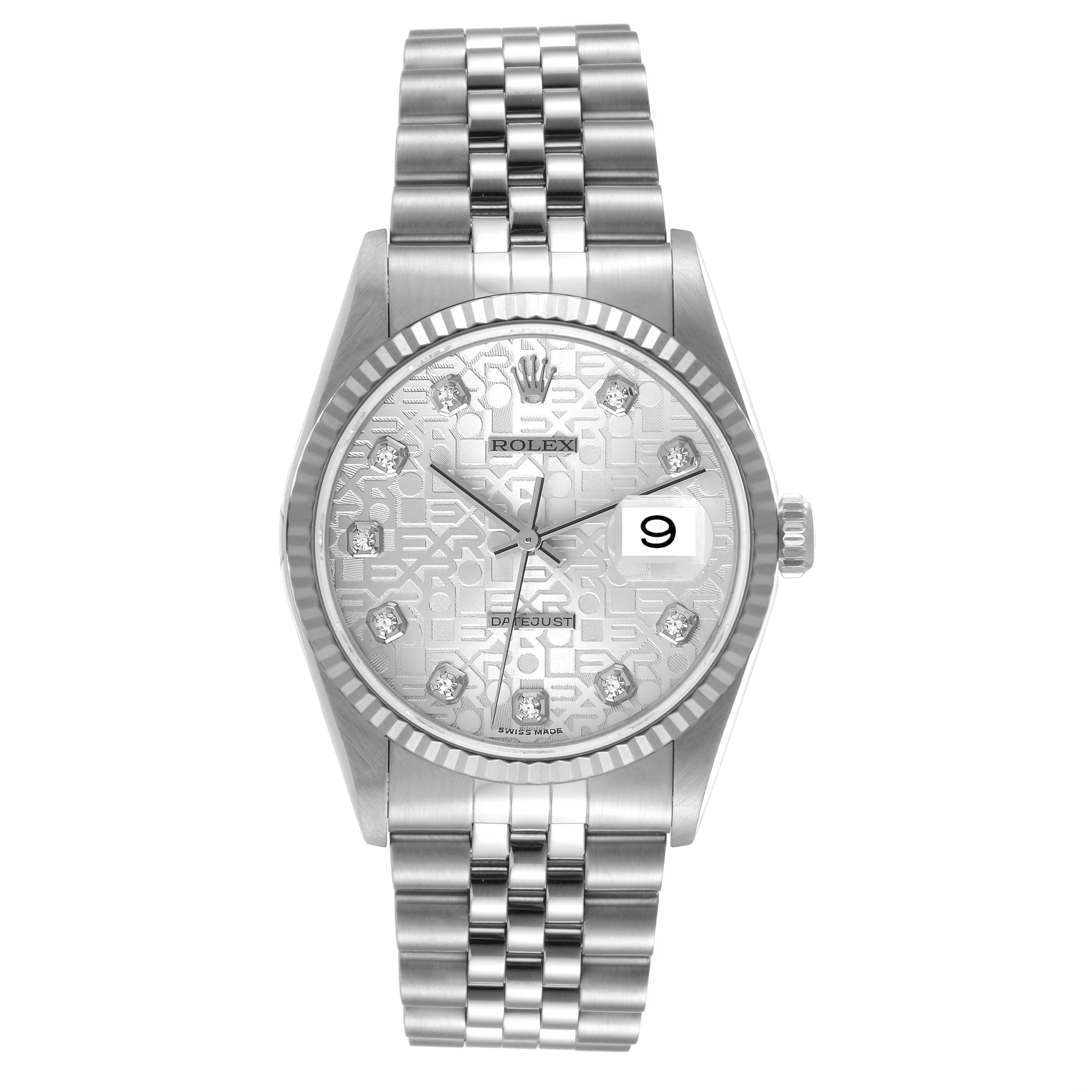 This image shows a front view of a Rolex Datejust 16234 Men's Stainless Steel Silver Dial 16234 Men's Stainless Steel Silver Dial watch, displaying the face, bezel, and bracelet.