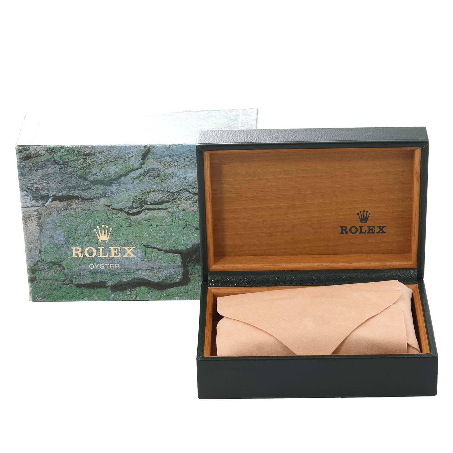 The image shows a top view of a Rolex Datejust 16234 Men's Stainless Steel Silver Dial 16234 Men's Stainless Steel Silver Dial model box and protective pouch inside.