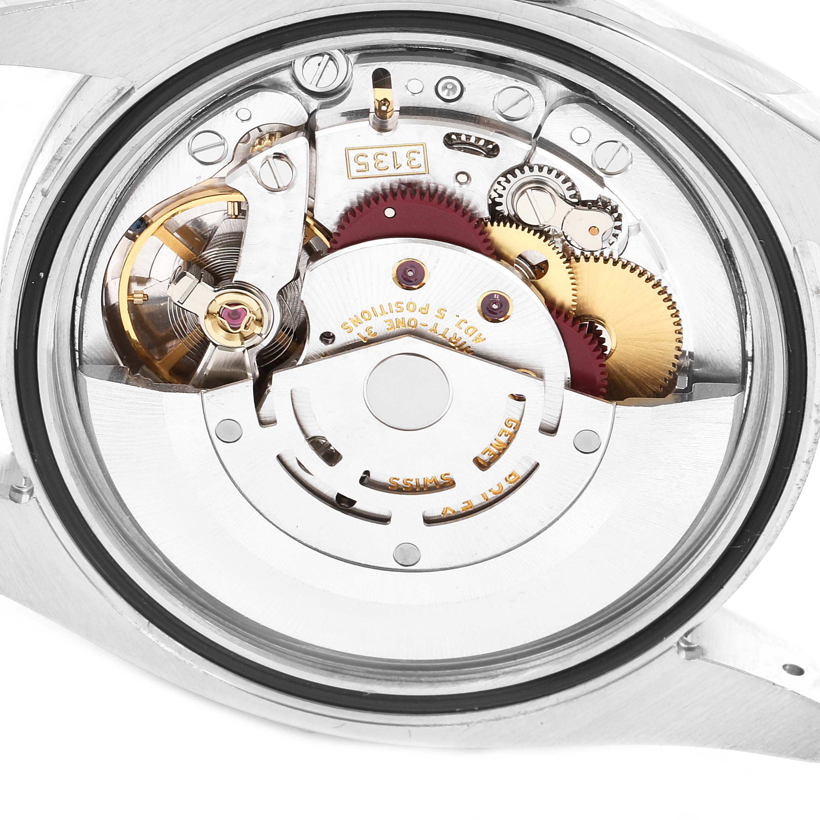 The image shows an internal view of the Rolex Datejust 116234 Men's Stainless Steel Black Dial 116234 Men's Stainless Steel Black Dial model, highlighting its mechanical movement components.