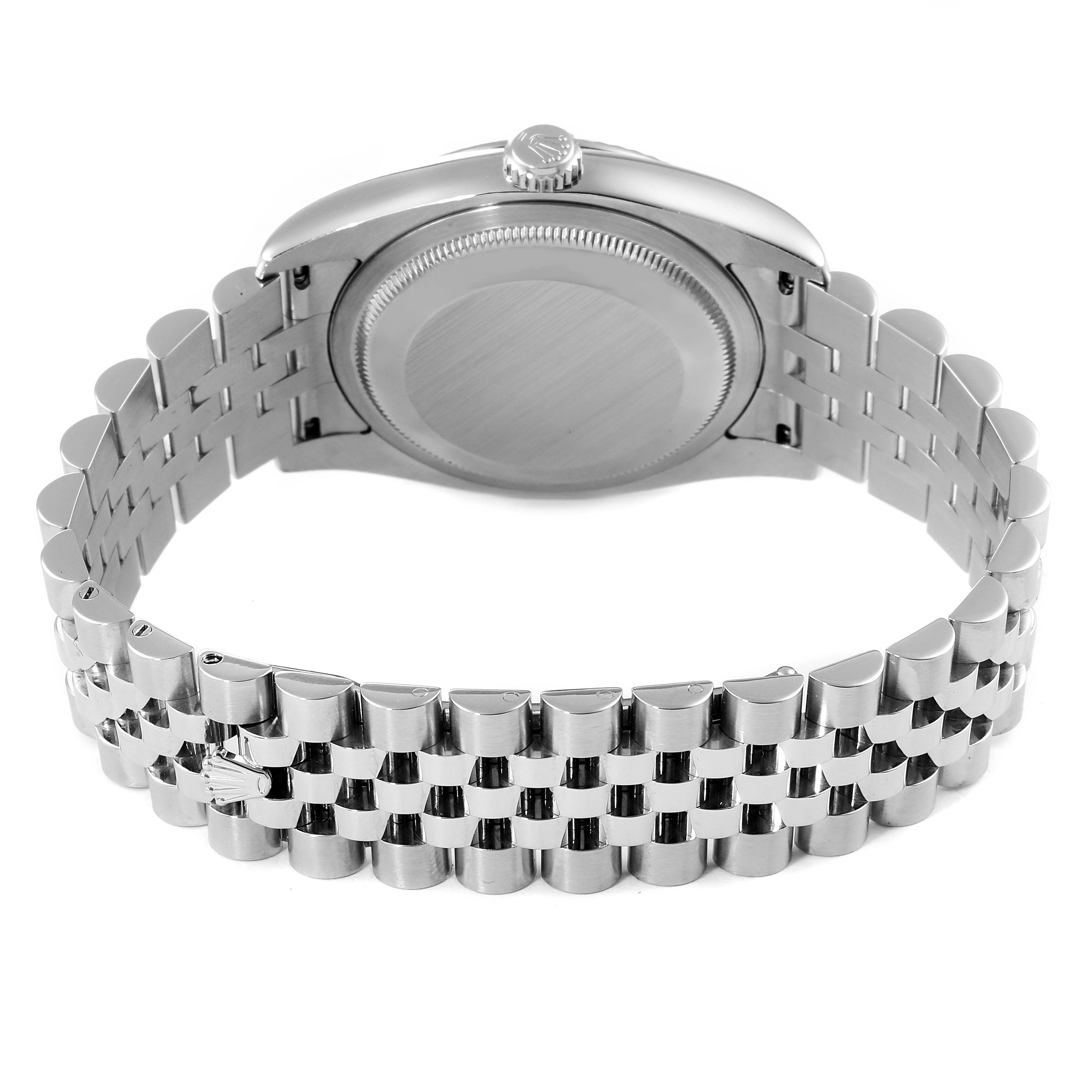 This image shows the back view and metal bracelet of a Rolex Datejust 116234 Men's Stainless Steel Black Dial 116234 Men's Stainless Steel Black Dial watch.