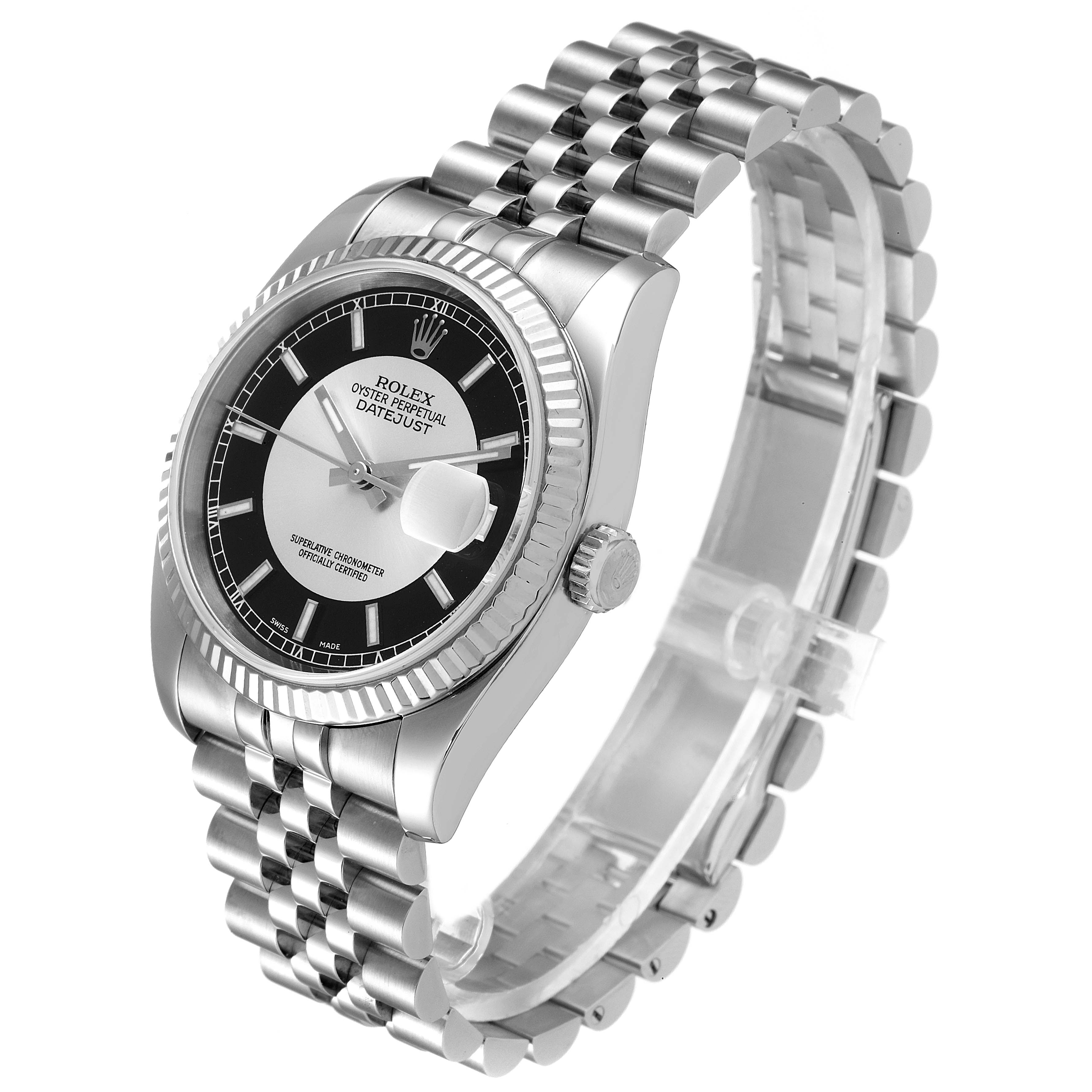 The Rolex Datejust 116234 Men's Stainless Steel Black Dial 116234 Men's Stainless Steel Black Dial is shown at a slight angle, highlighting the face with the date window, crown, and part of the bracelet.