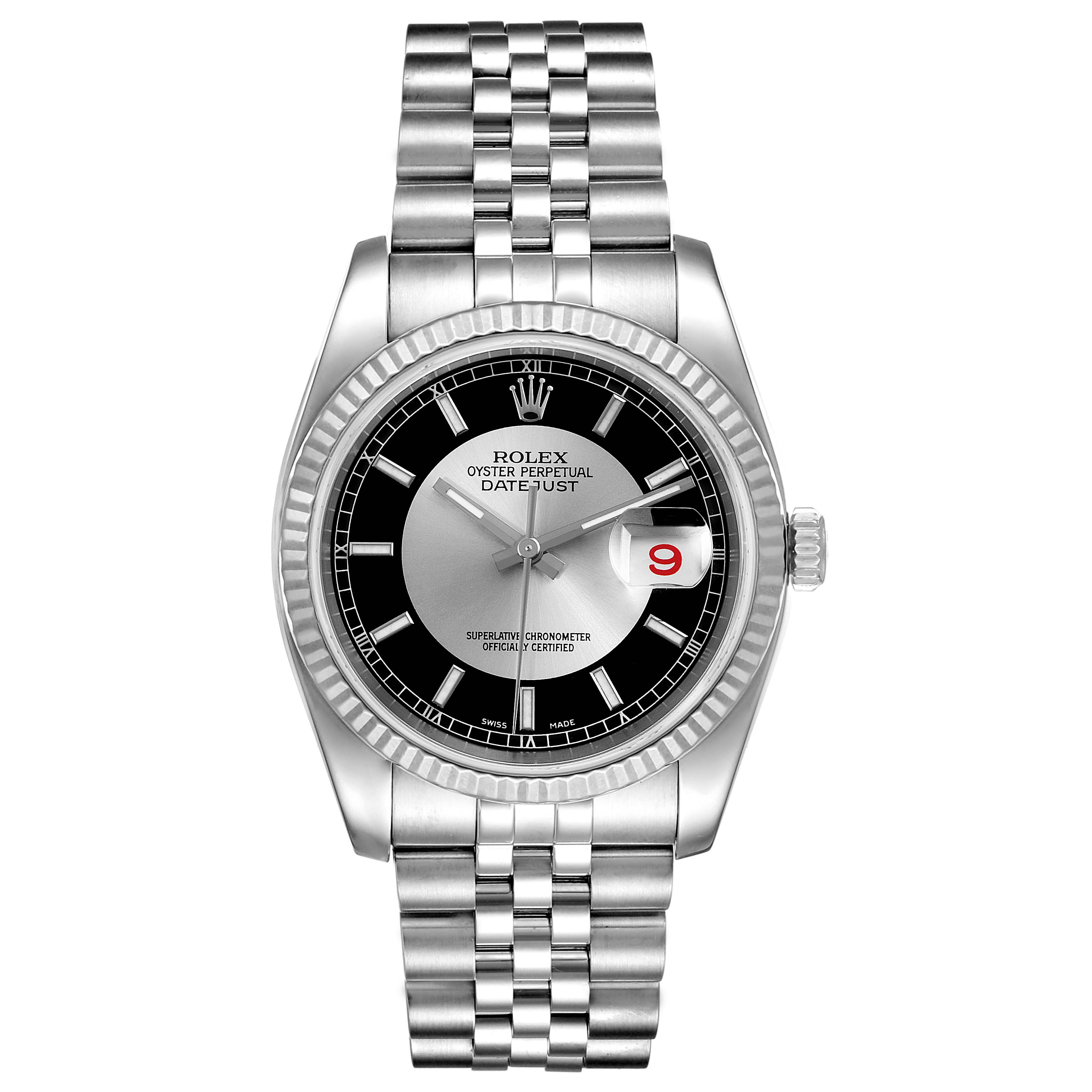 This image shows a front view of a Rolex Datejust 116234 Men's Stainless Steel Black Dial 116234 Men's Stainless Steel Black Dial watch, featuring the dial, bezel, crown, and bracelet.
