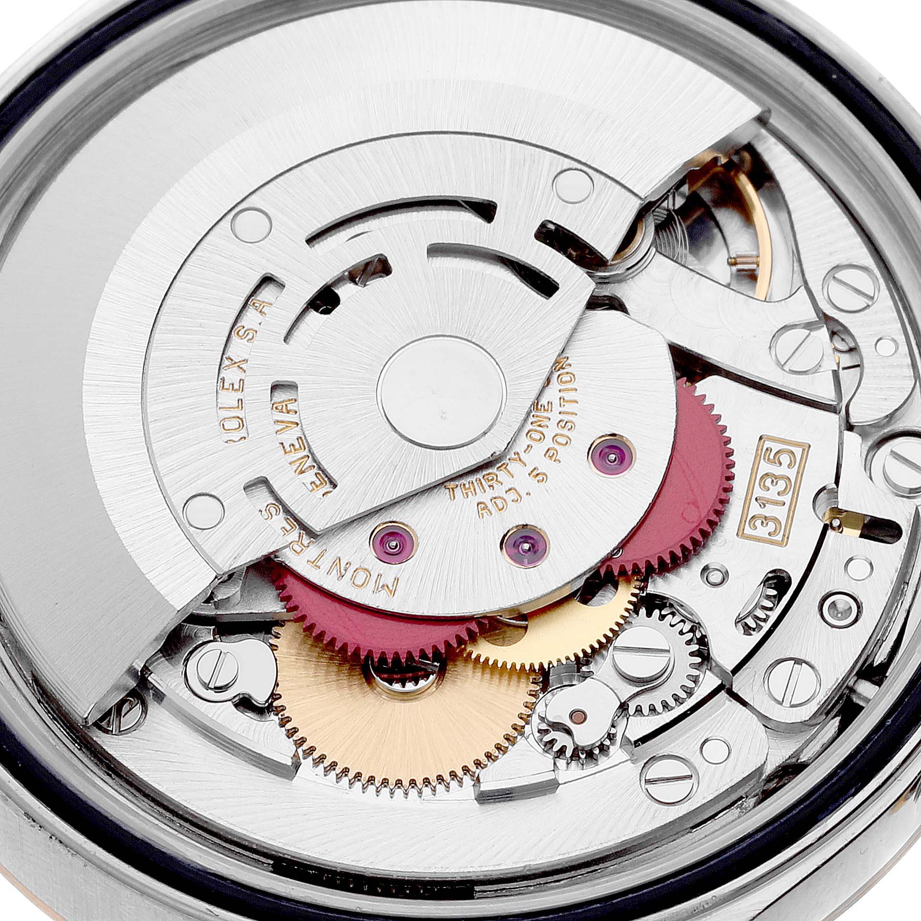 This image shows a close-up view of the internal movement mechanism of a Rolex Datejust 16233 Men's Steel and Gold (two tone) Champagne Dial 16233 Men's Steel and Gold (two tone) Champagne Dial watch.