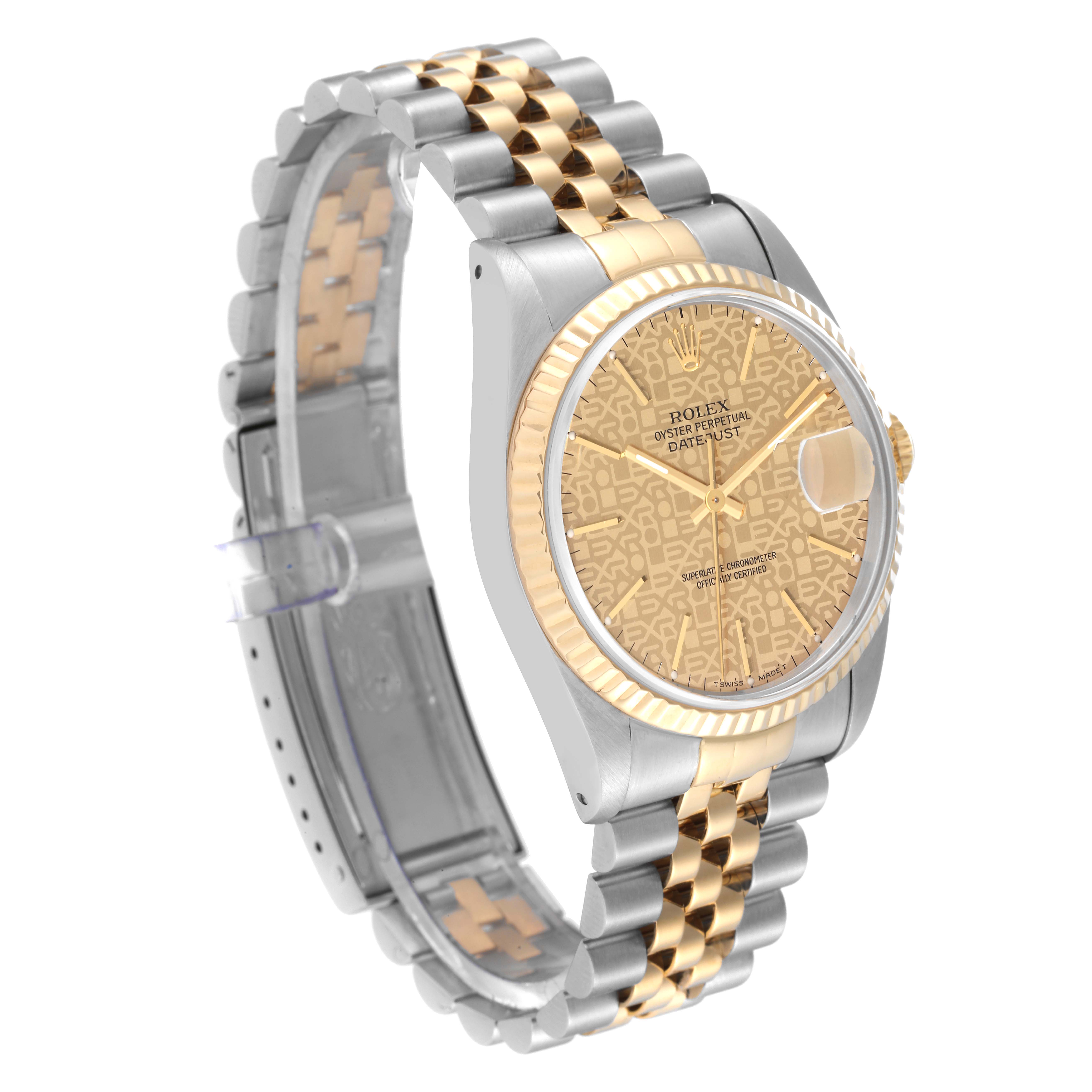 The Rolex Datejust 16233 Men's Steel and Gold (two tone) Champagne Dial 16233 Men's Steel and Gold (two tone) Champagne Dial watch is shown at a slight angle, displaying the dial, case, bracelet, and clasp.