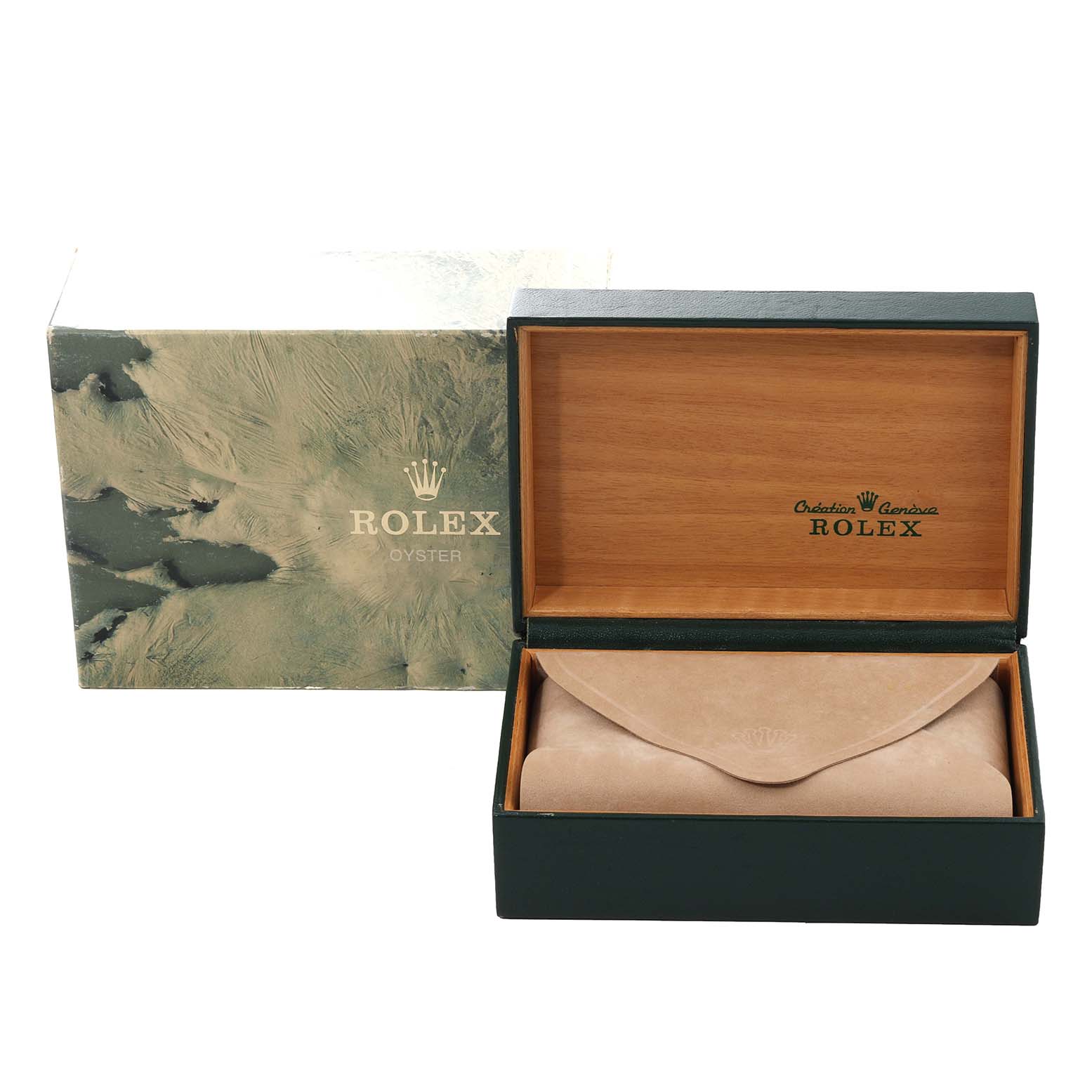 The image shows a Rolex Datejust 16233 Men's Steel and Gold (two tone) Champagne Dial 16233 Men's Steel and Gold (two tone) Champagne Dial watch box and packaging, with the inner box open and displaying a suede pouch.