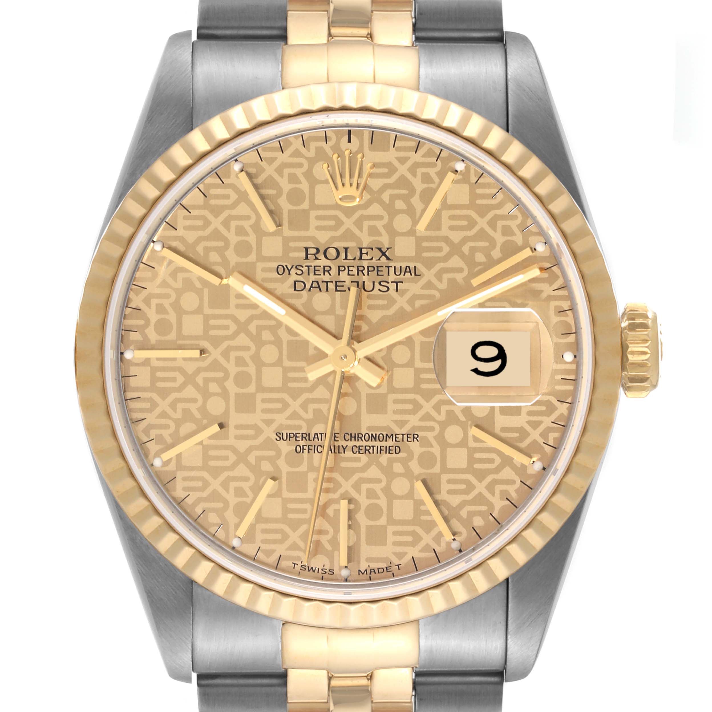 The image shows a front view of a Rolex Datejust 16233 Men's Steel and Gold (two tone) Champagne Dial 16233 Men's Steel and Gold (two tone) Champagne Dial watch, highlighting its dial, bezel, and bracelet.